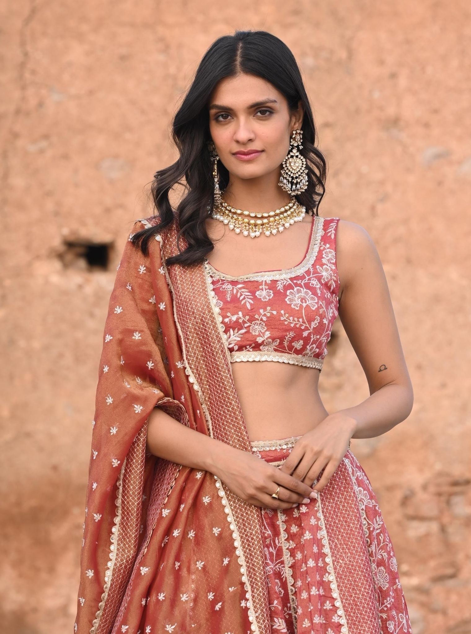 Deewani Luxe Tissue Satin Red Lehenga