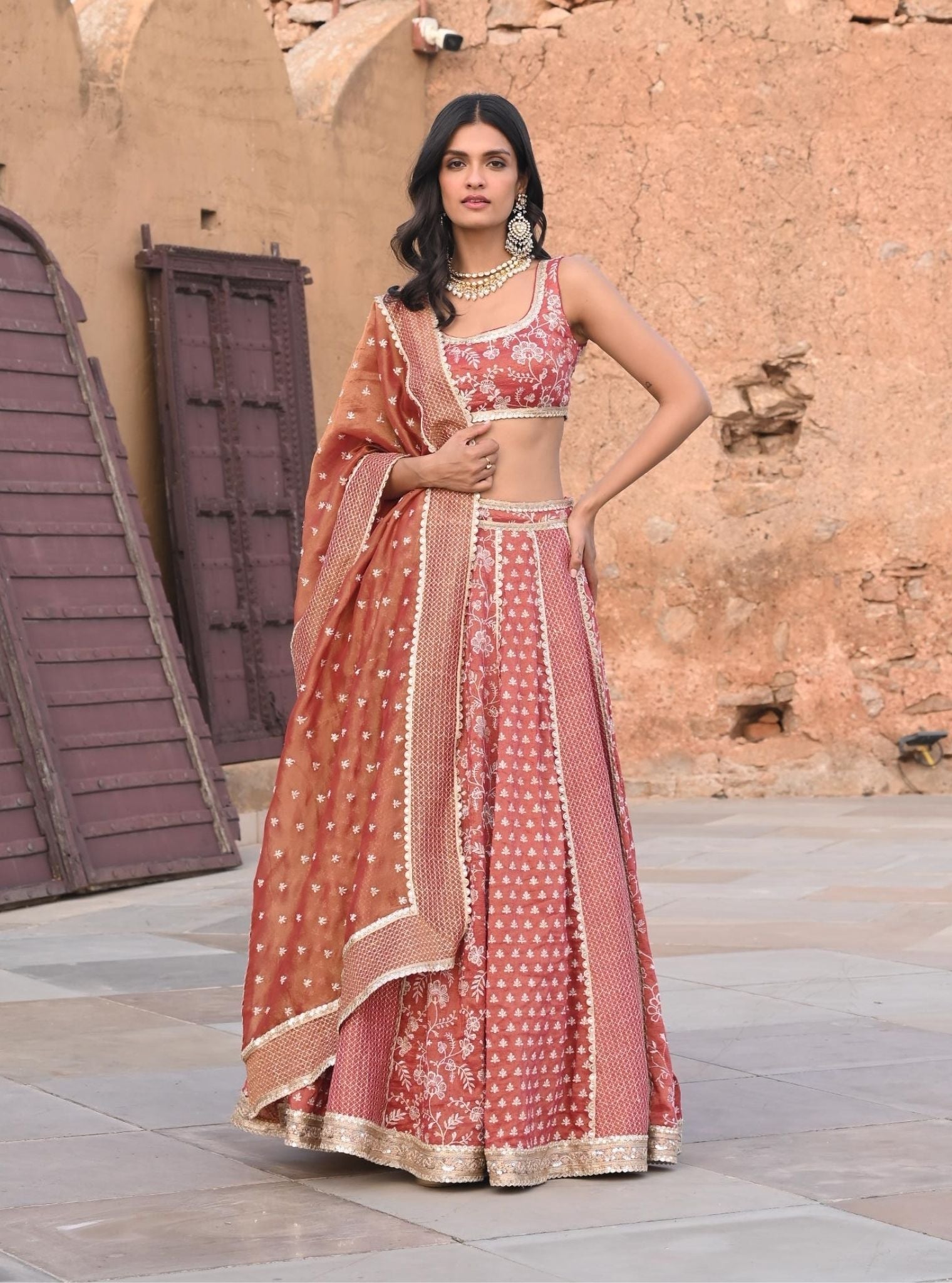 Deewani Luxe Tissue Satin Red Lehenga