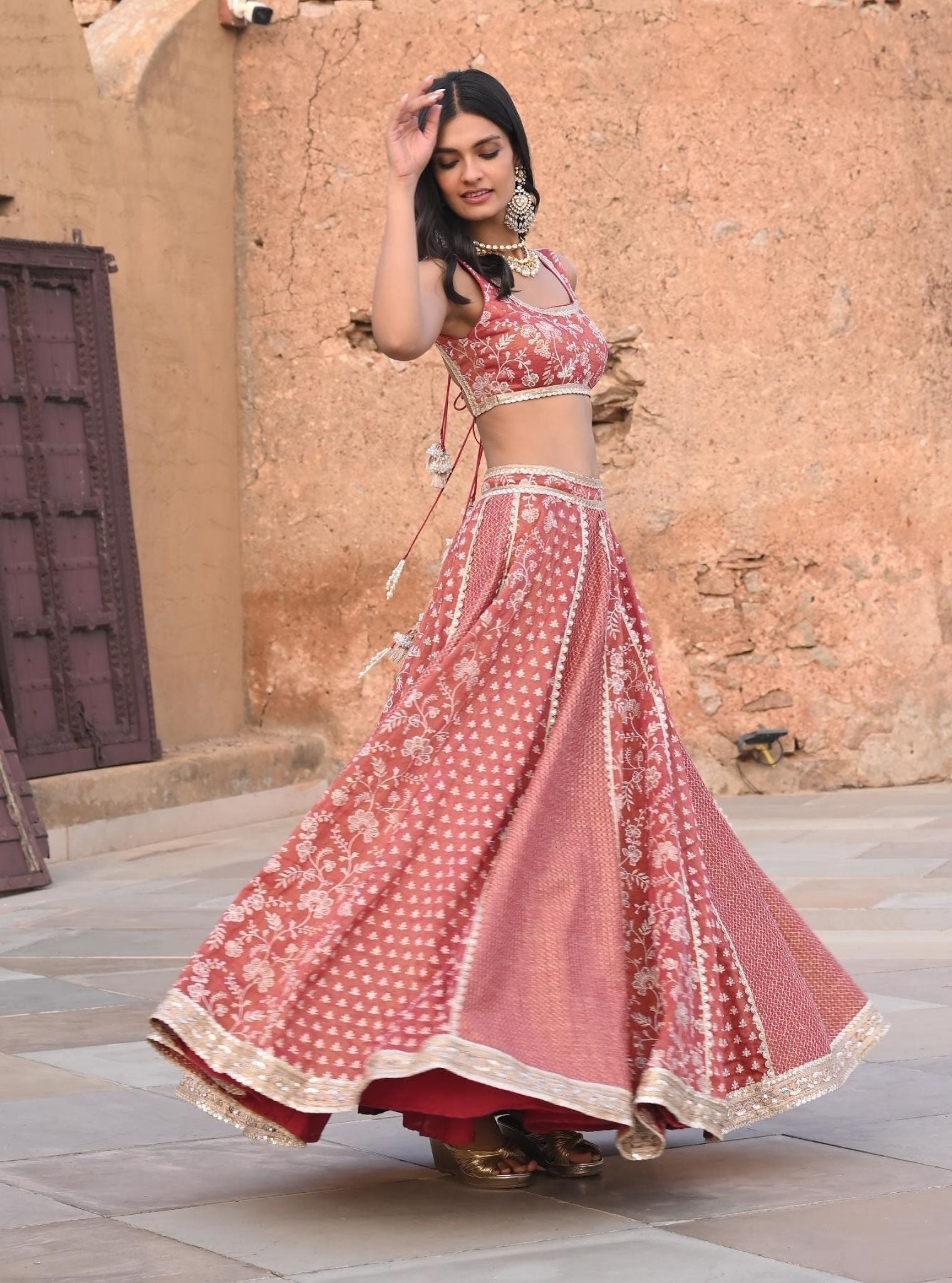 Deewani Luxe Tissue Satin Red Lehenga