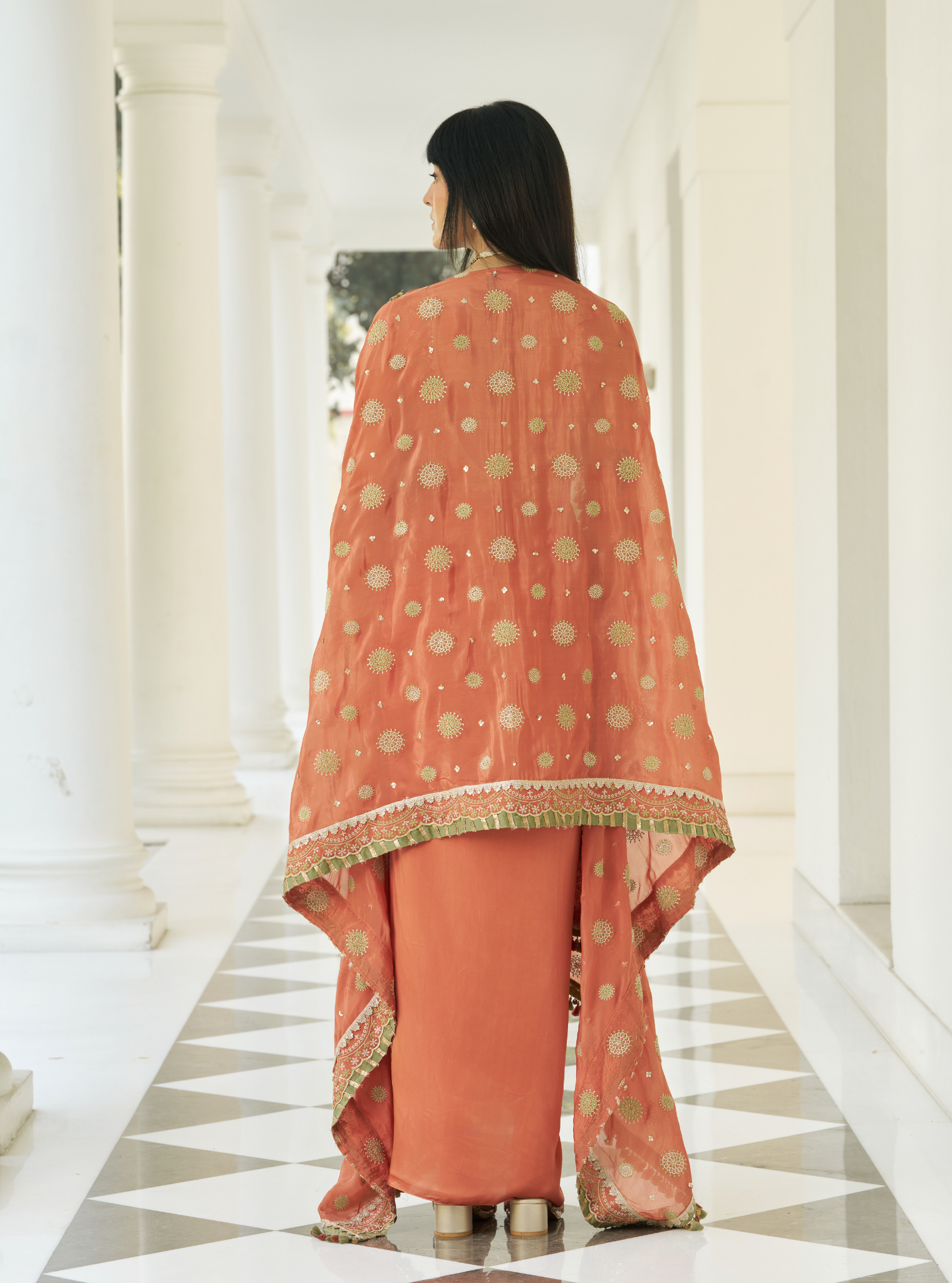 Parinay Glass Organza Orange Cape With Skirt