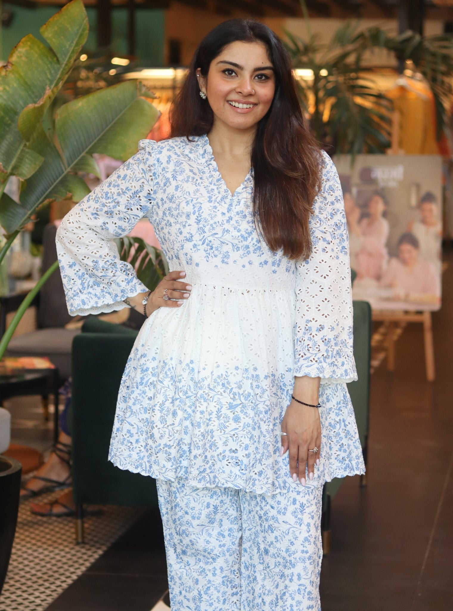 Frida Supima Cotton White Blue Print Co-ord Set