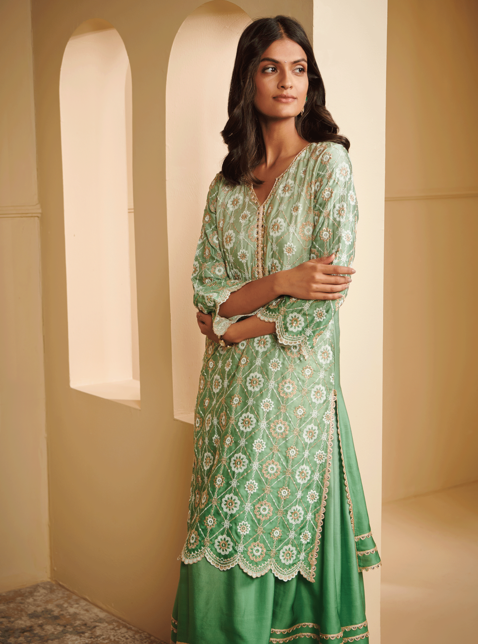 Avisa Cupro Silk Green Kurta with Skirt Set