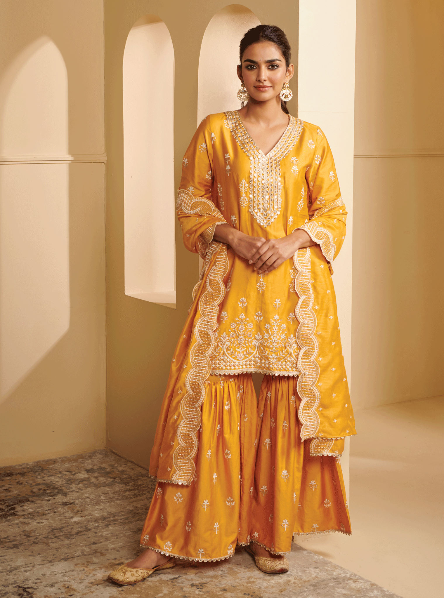 Avathi Pima Satin Yellow Kurta with Garara Set