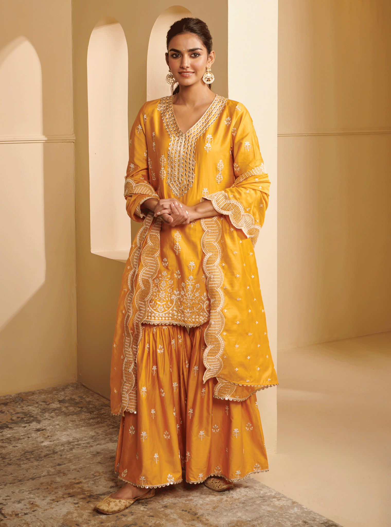 Avathi Pima Satin Yellow Kurta with Garara Set
