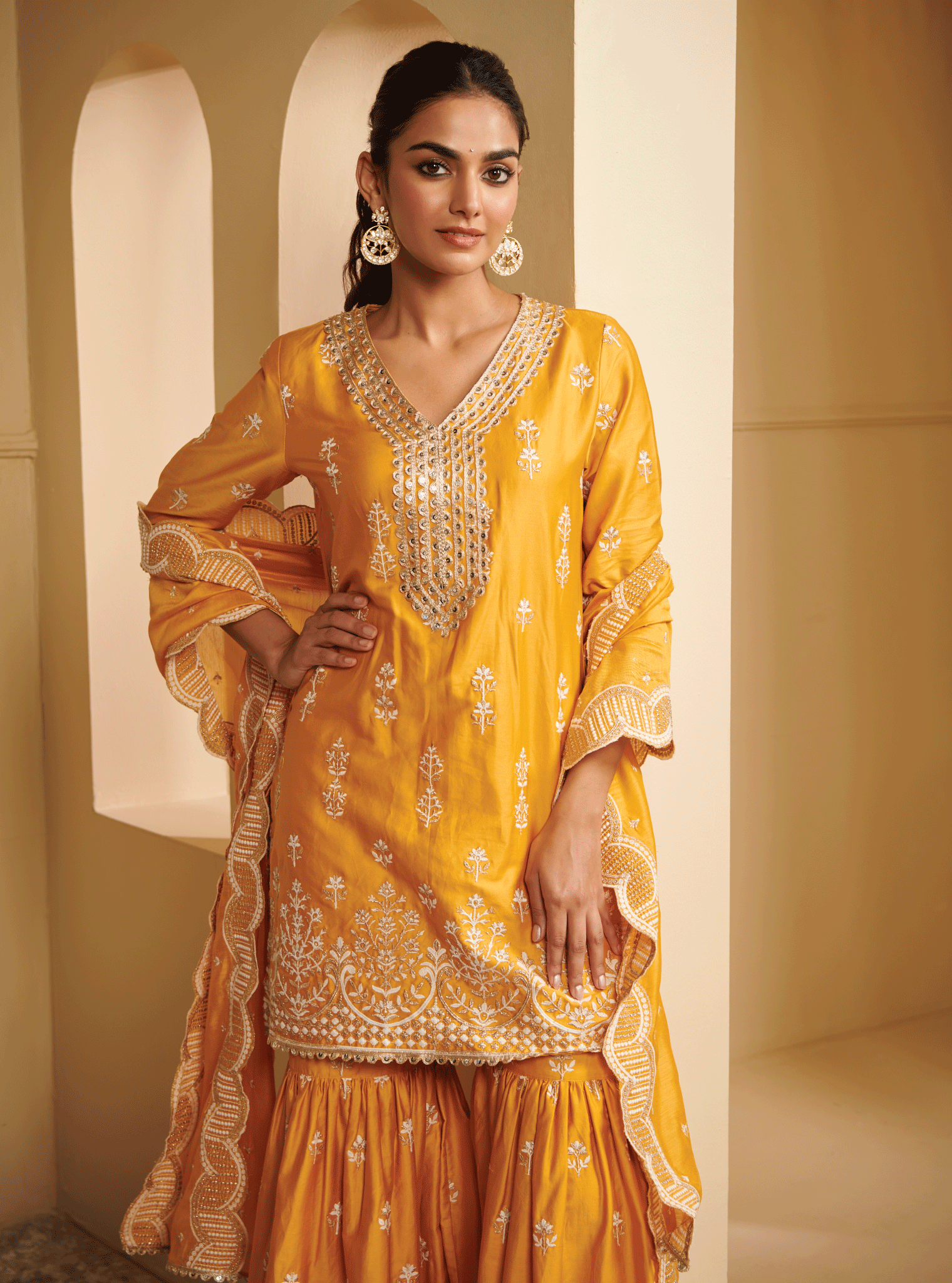 Avathi Pima Satin Yellow Kurta with Garara Set