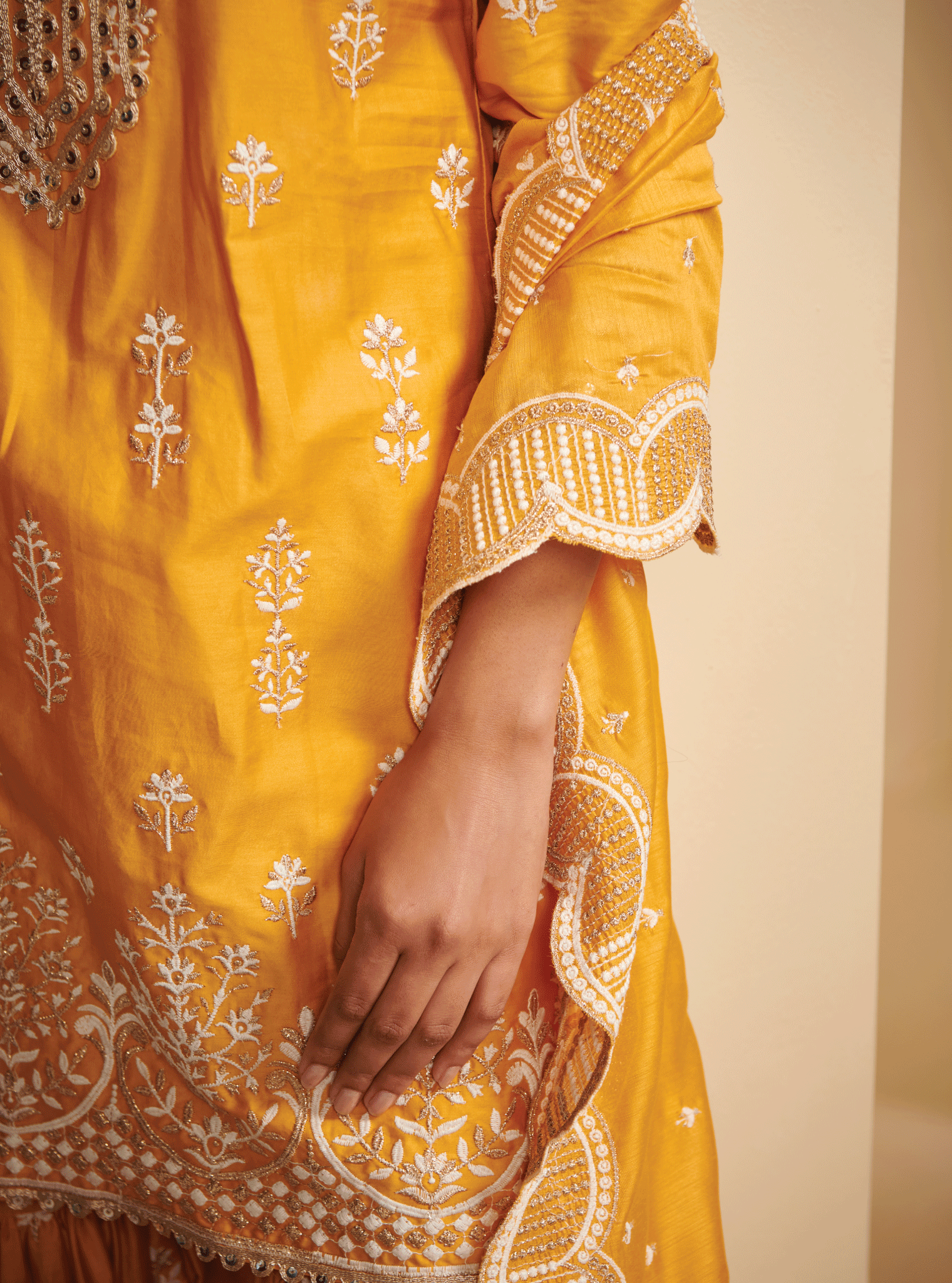 Avathi Pima Satin Yellow Kurta with Garara Set