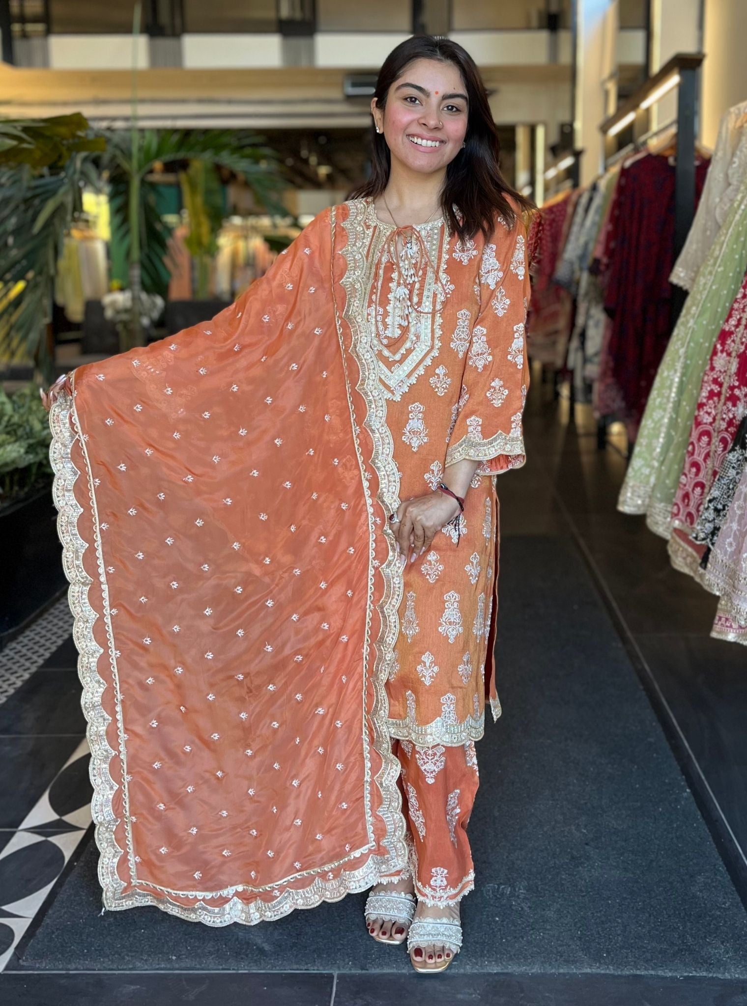 Intira Tissue Linen Satin Burnt Orange Kurta Set