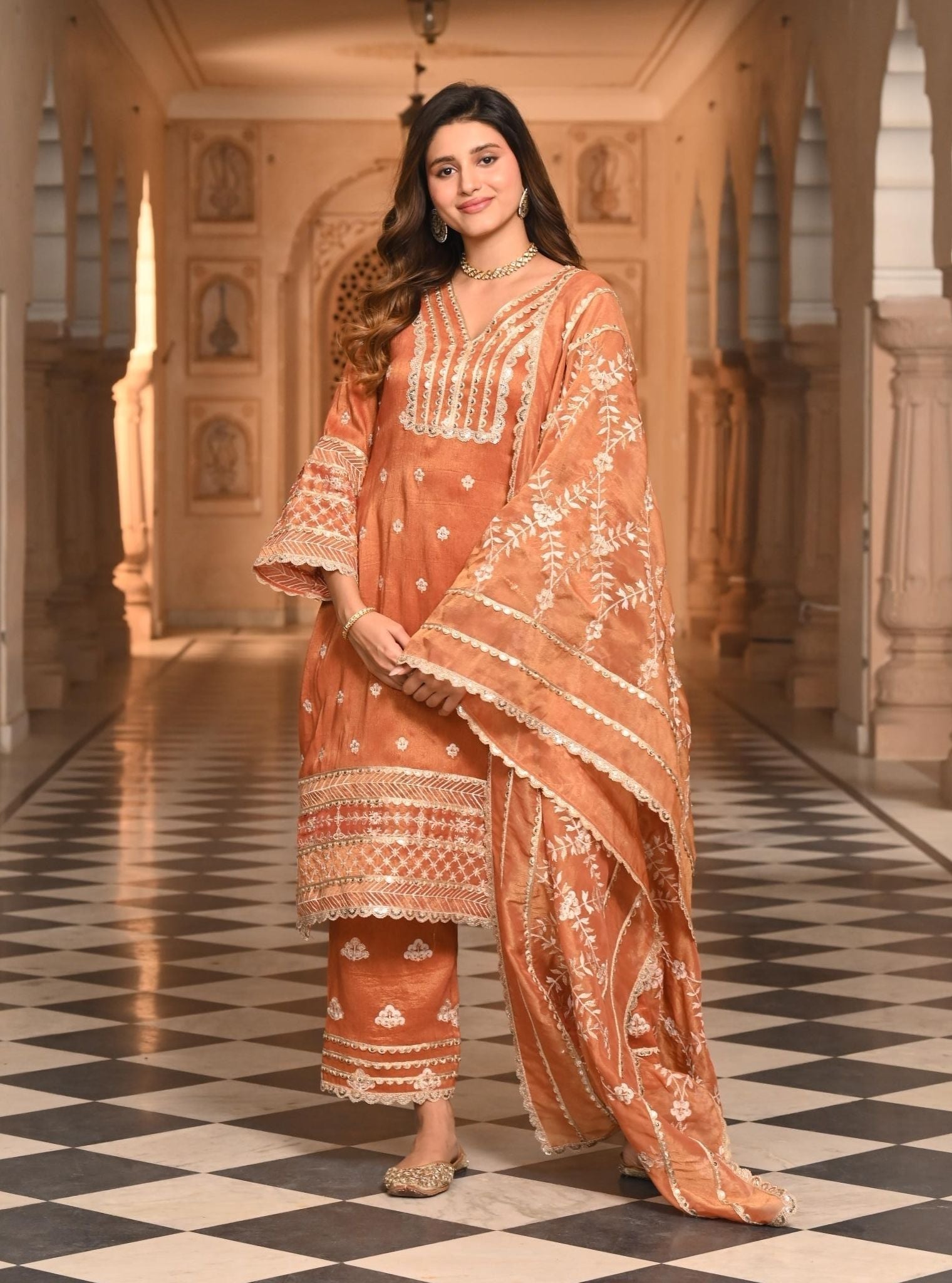 Sajni Luxe Tissue Satin Burnt Orange Kurta Set