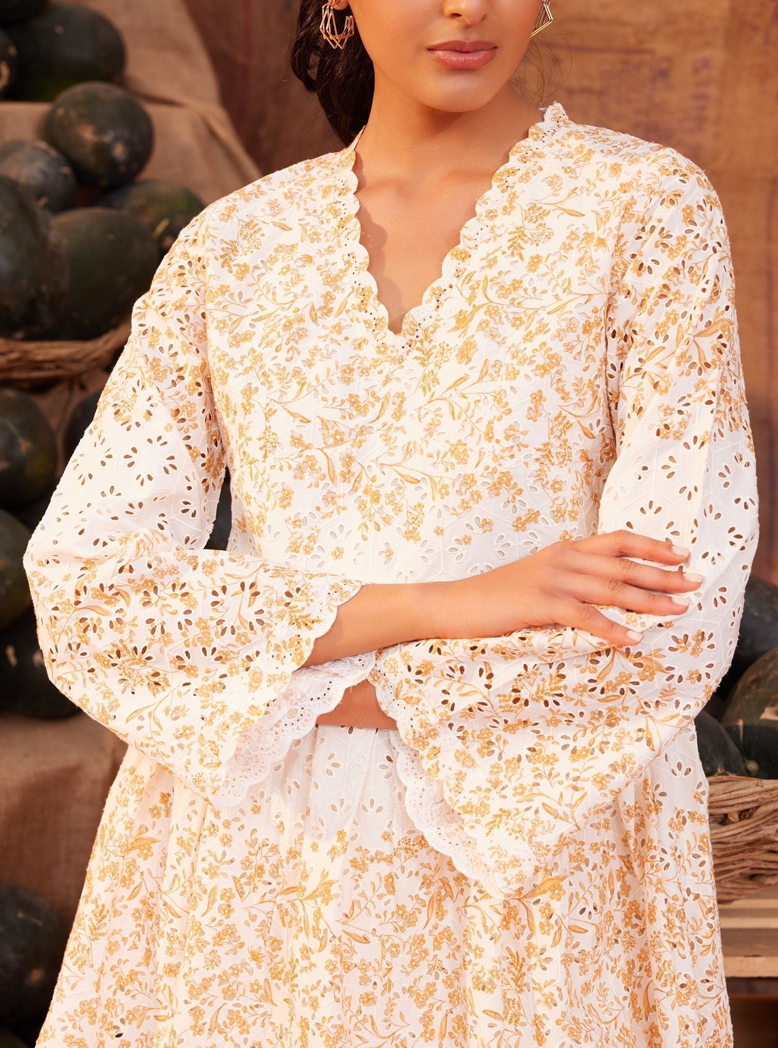 Frida Supima Cotton Off White Orange Print Co-ord Set