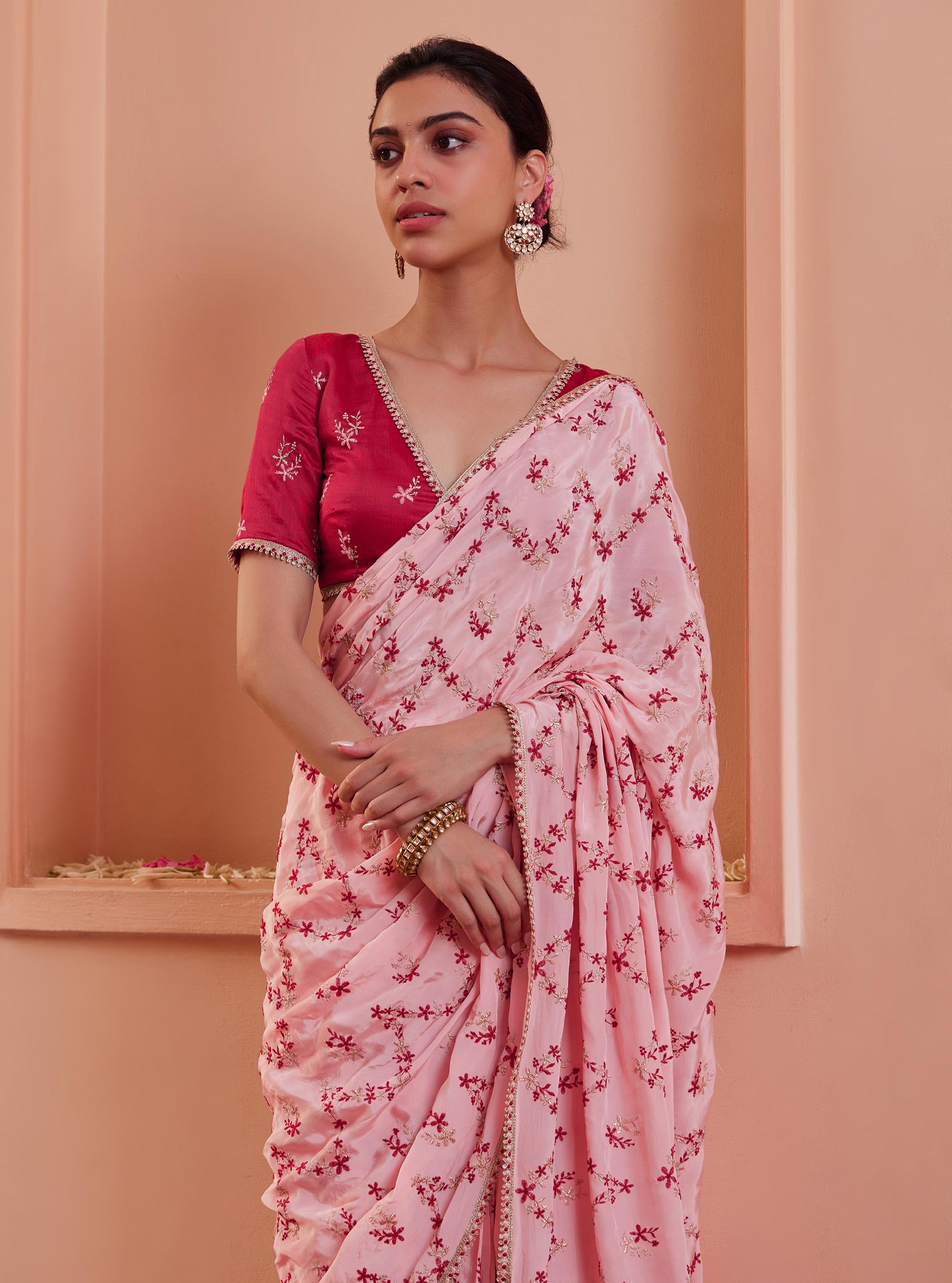 Tavisi Crepe Pink Pre-Stitched Saree