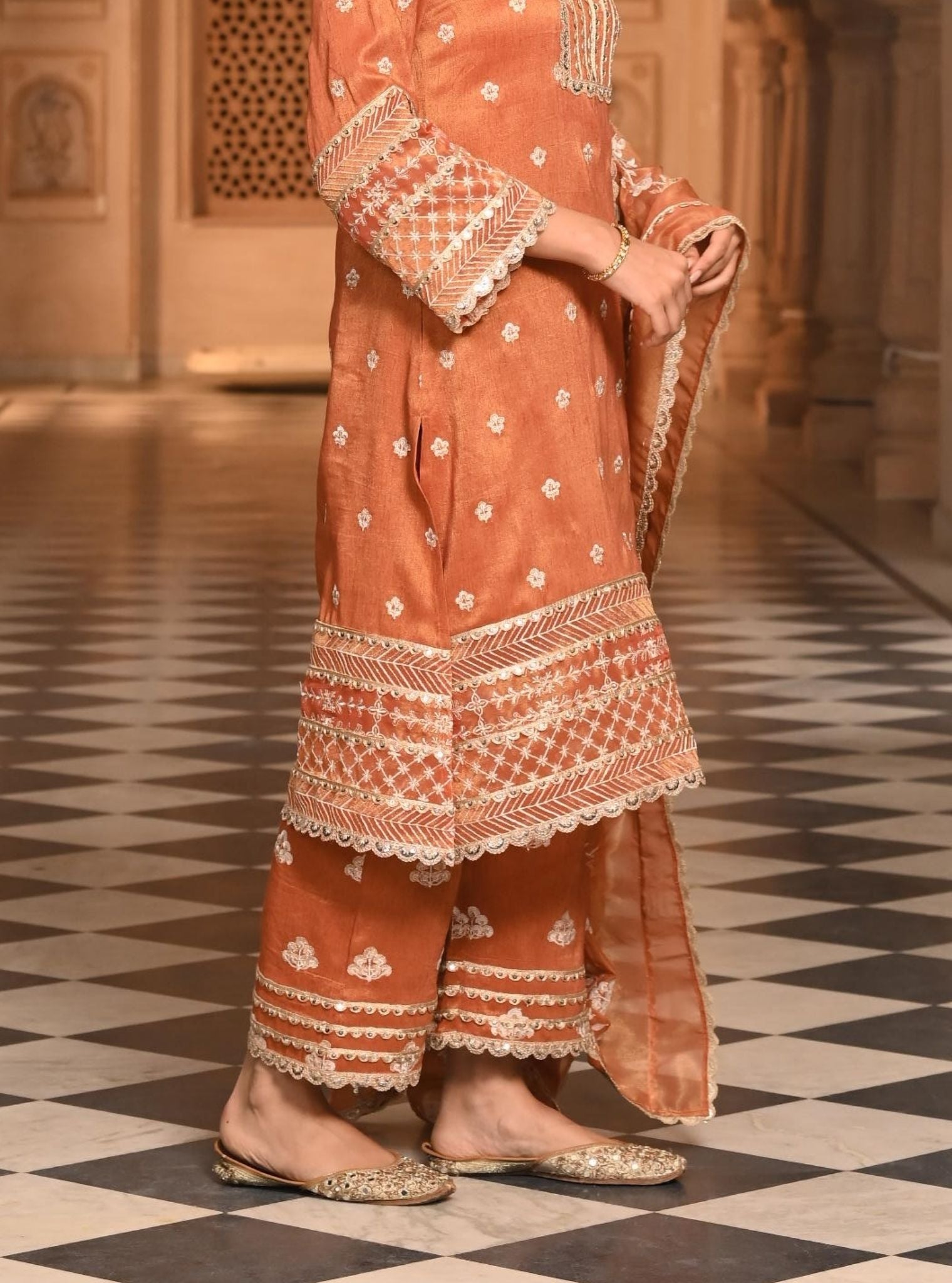 Sajni Luxe Tissue Satin Burnt Orange Kurta Set