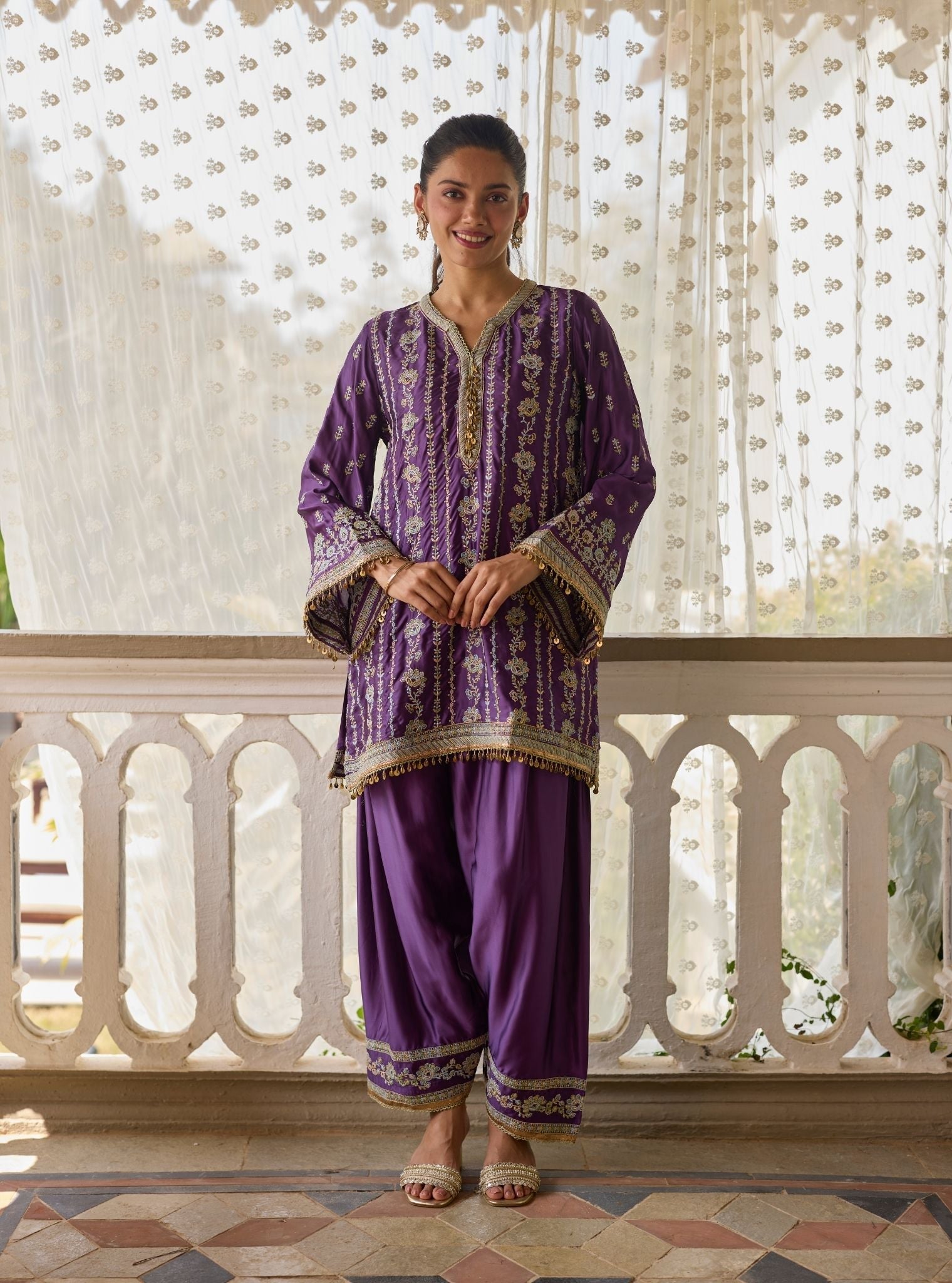 Pralika Bemberg Satin Purple Kurta With Farshi Salwar