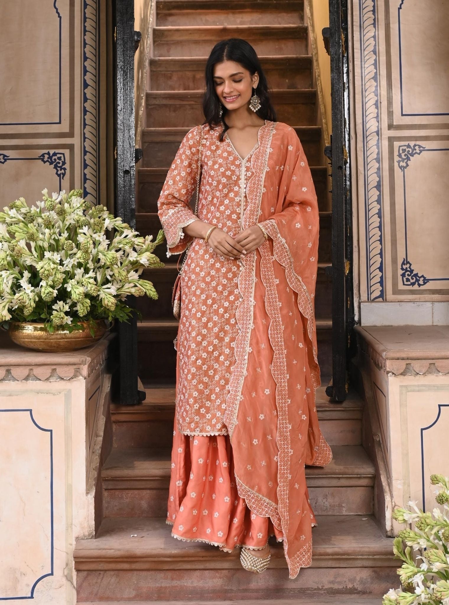 Maaeri Luxe Tissue Satin Burnt Orange Kurta with Skirt Set