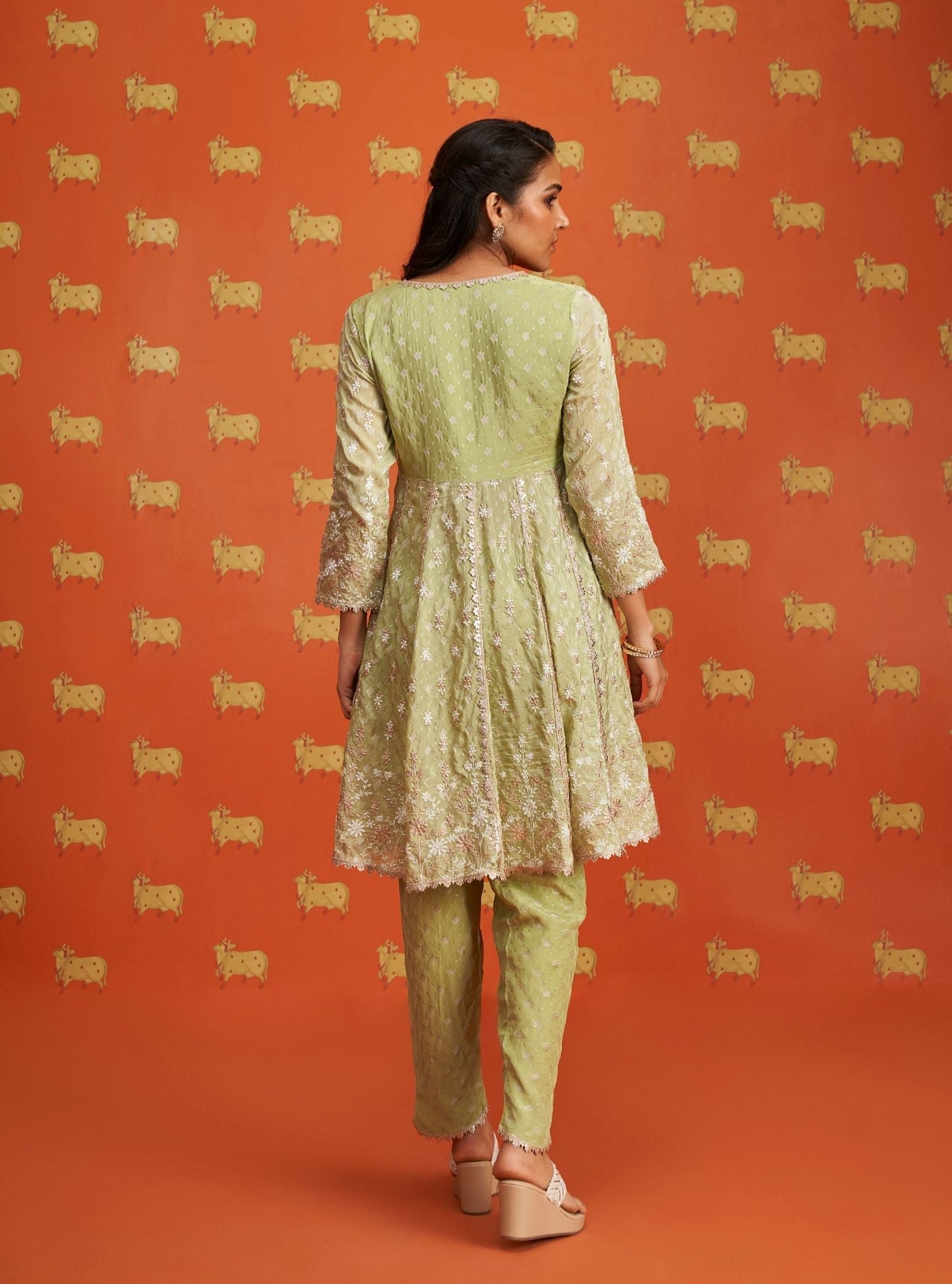 Nyah Banarsi Green Short Anarkali Kurta Set