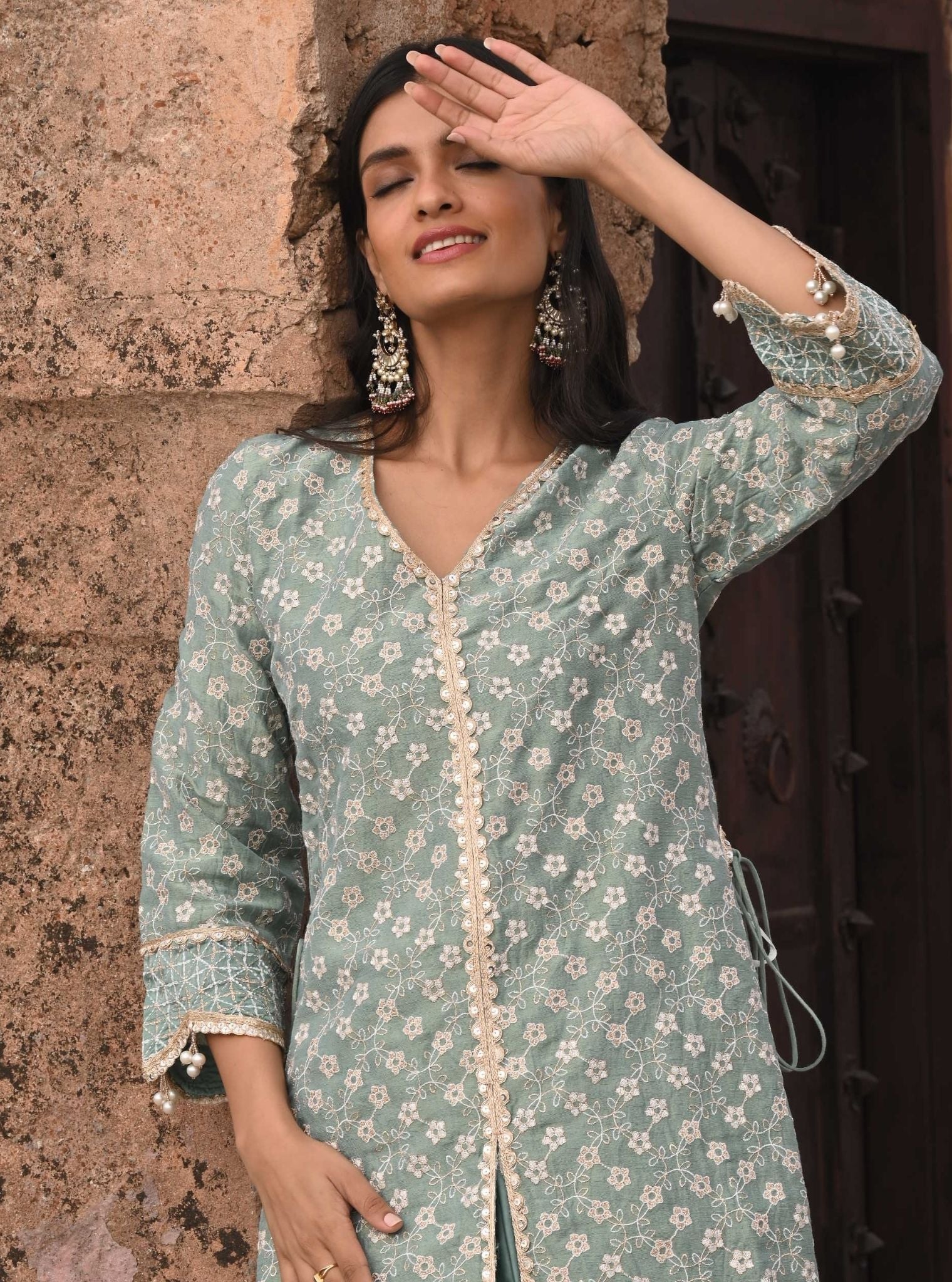 Maaeri Luxe Tissue Satin Teal Blue Kurta with Skirt Set