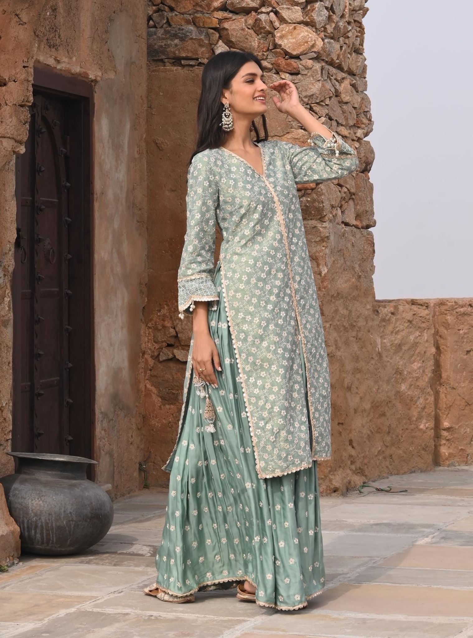 Maaeri Luxe Tissue Satin Teal Blue Kurta with Skirt Set