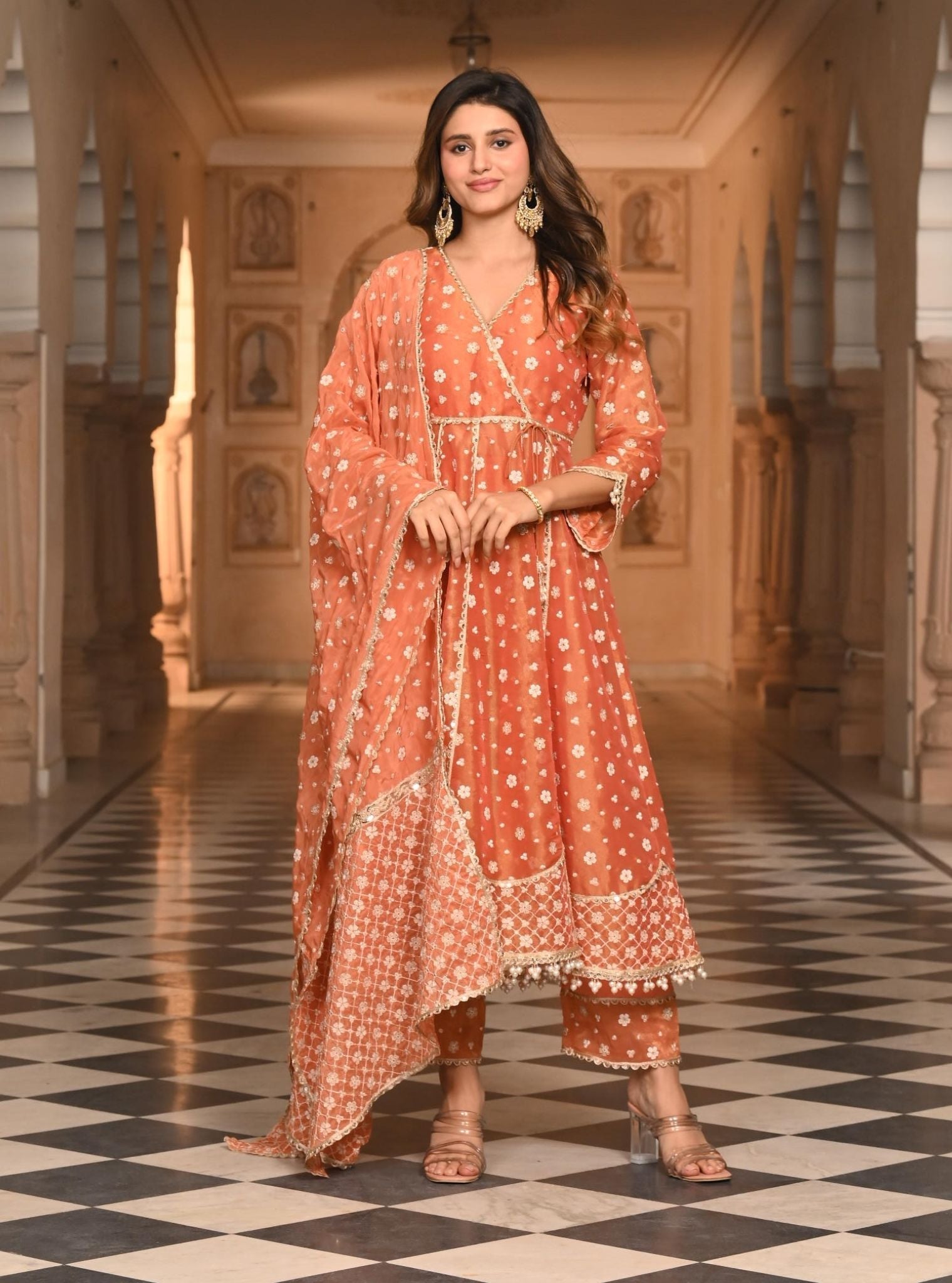 Majhi Luxe Tissue Burnt Orange Anarkali Kurta Set