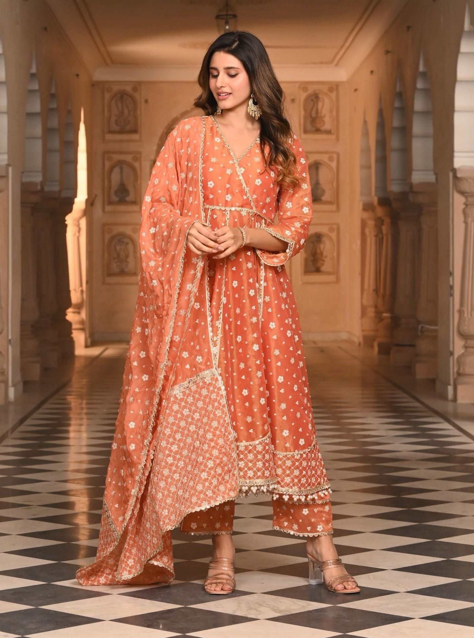 Majhi Luxe Tissue Burnt Orange Anarkali Kurta Set