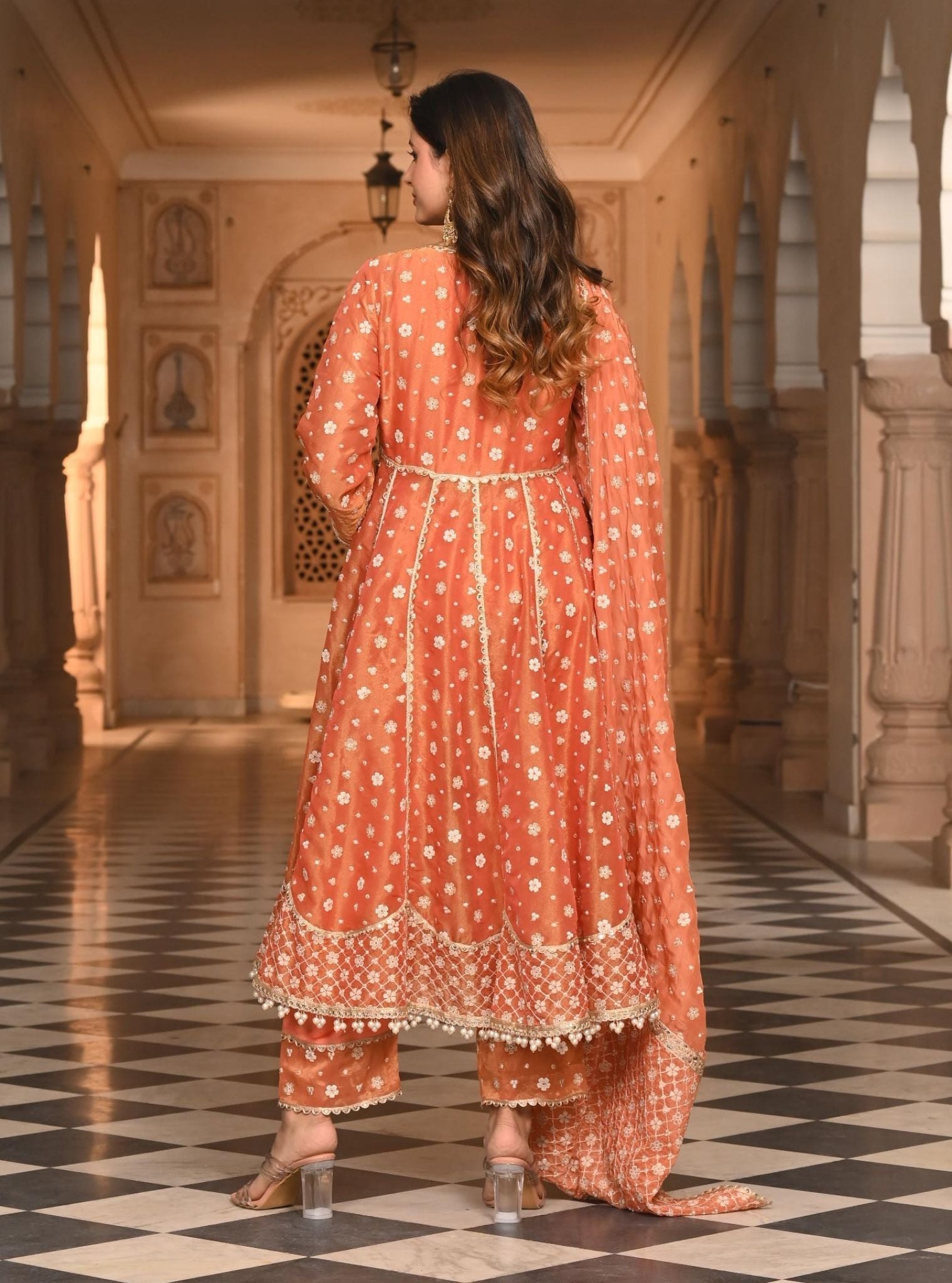 Majhi Luxe Tissue Burnt Orange Anarkali Kurta Set