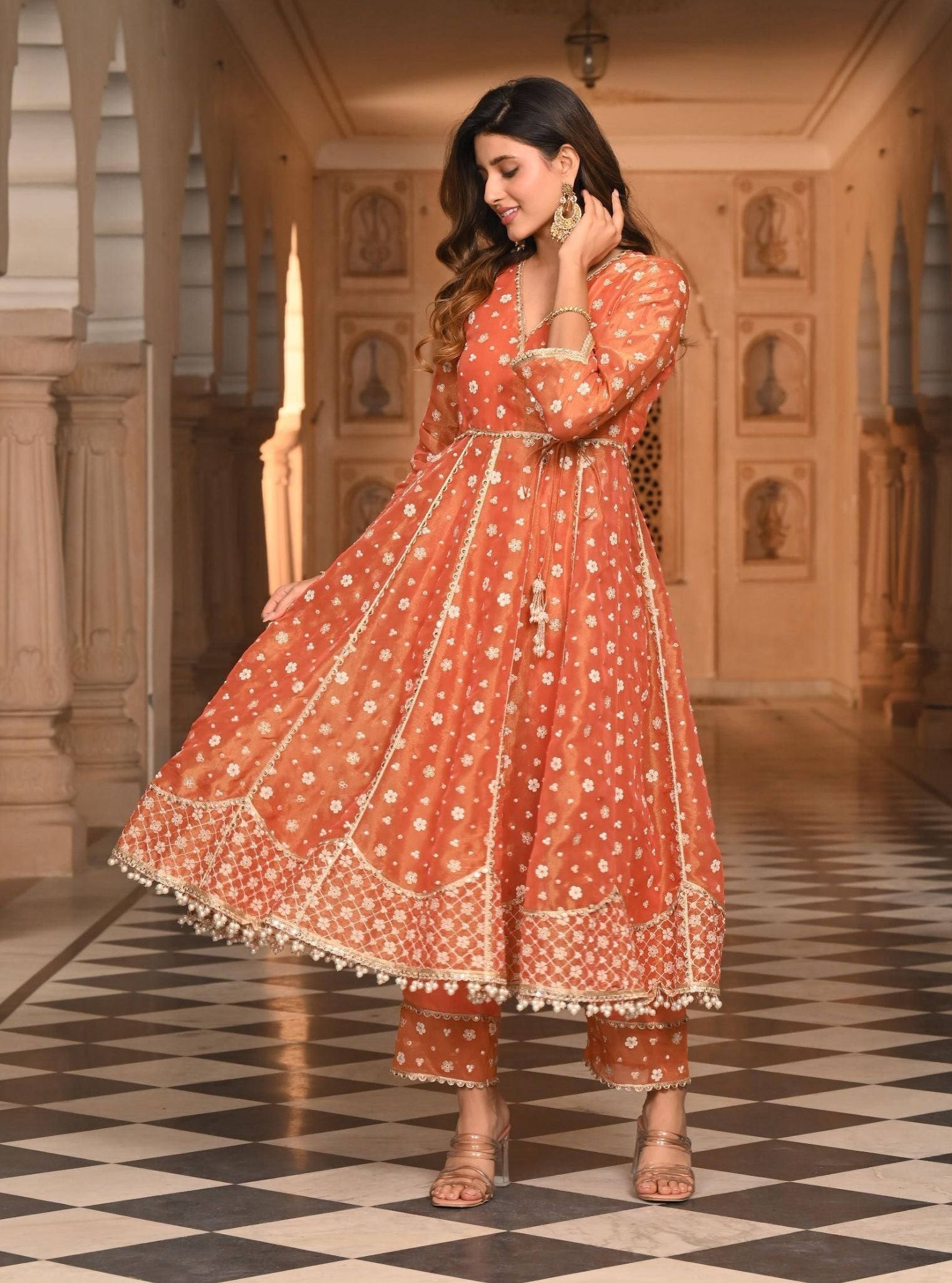 Majhi Luxe Tissue Burnt Orange Anarkali Kurta Set
