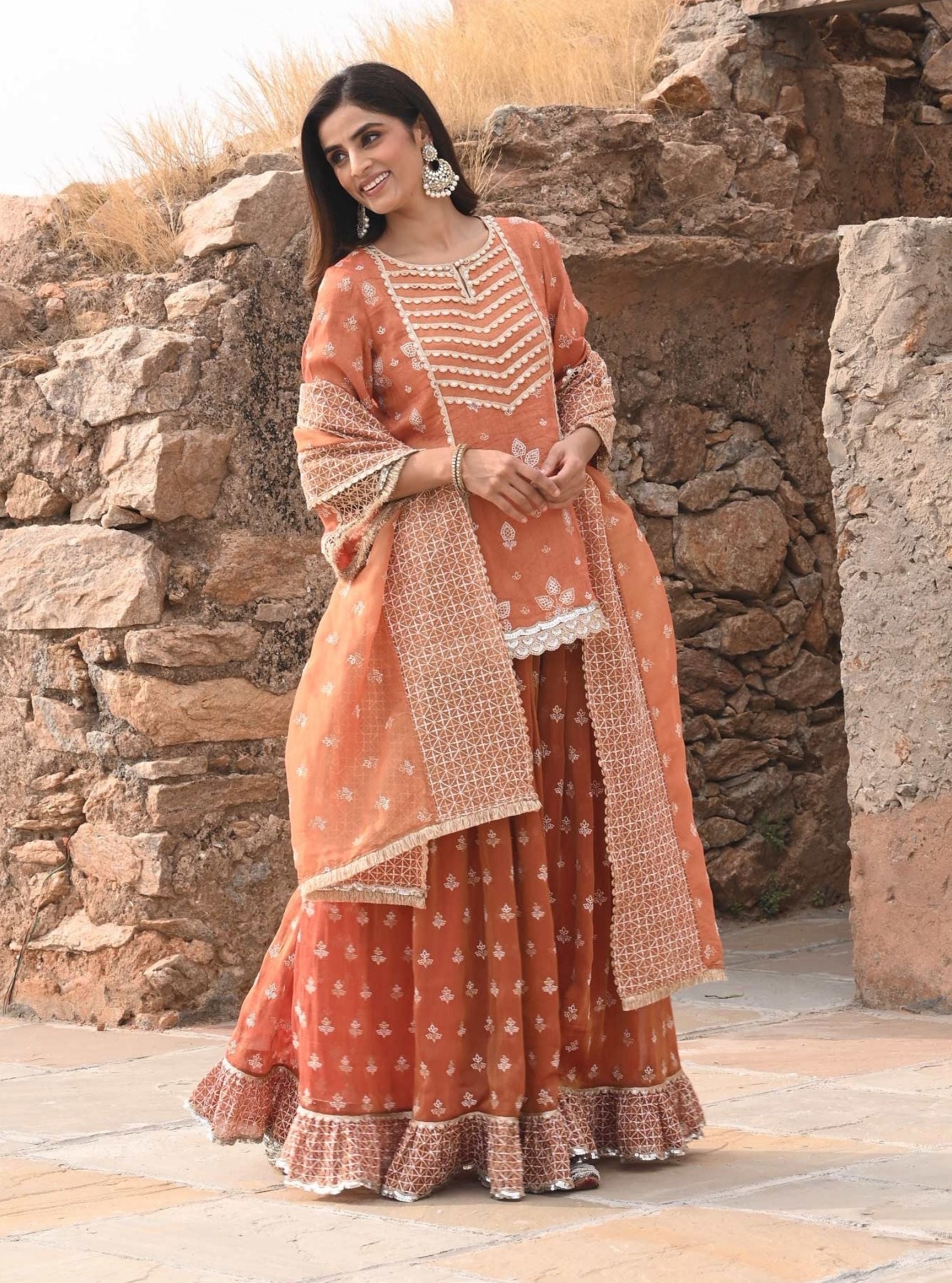 Lamhe Luxe Tissue Satin Burnt Orange Kurta with Skirt Set