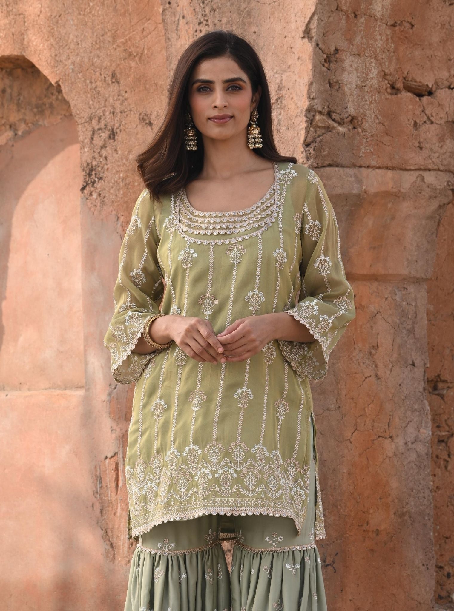 Heer Luxe Tissue Sage Green Kurta with Garara Set