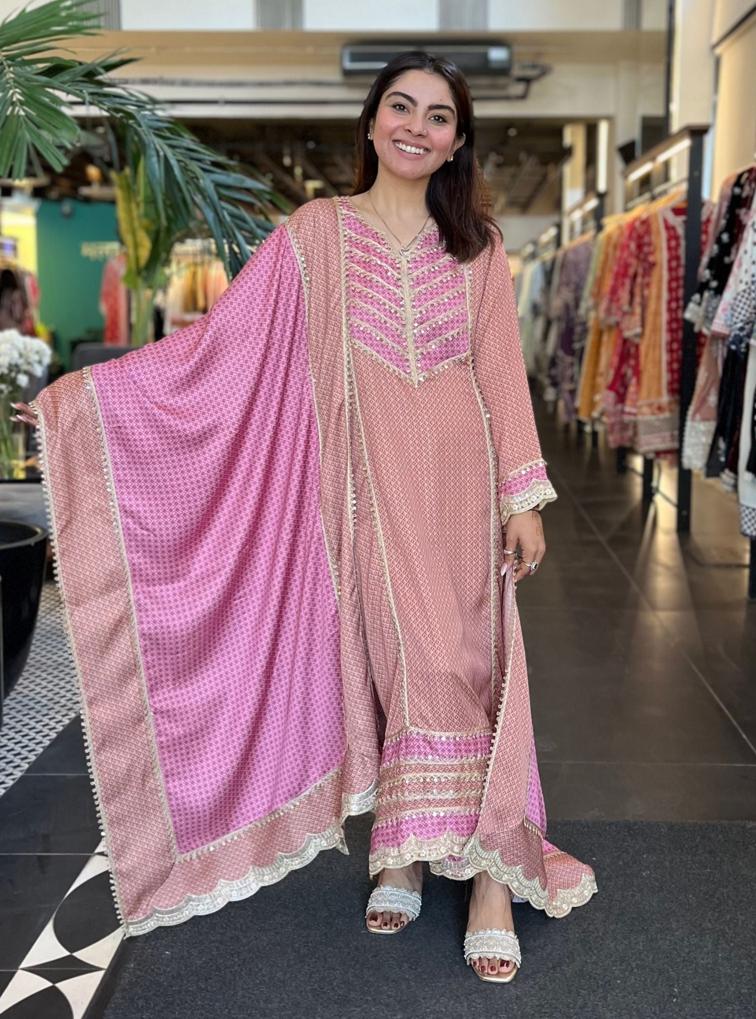 Jordyna Cupro Printed Brown Kurta Set