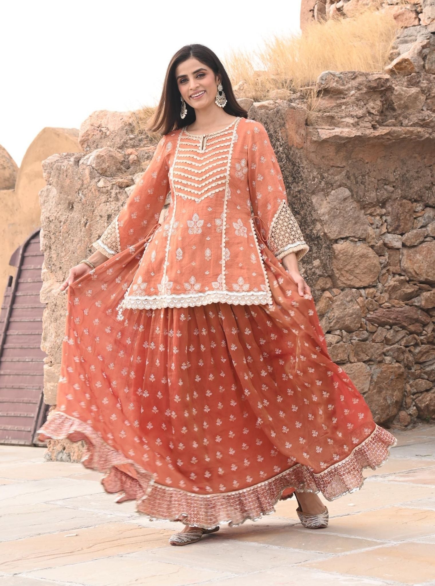 Lamhe Luxe Tissue Satin Burnt Orange Kurta with Skirt Set