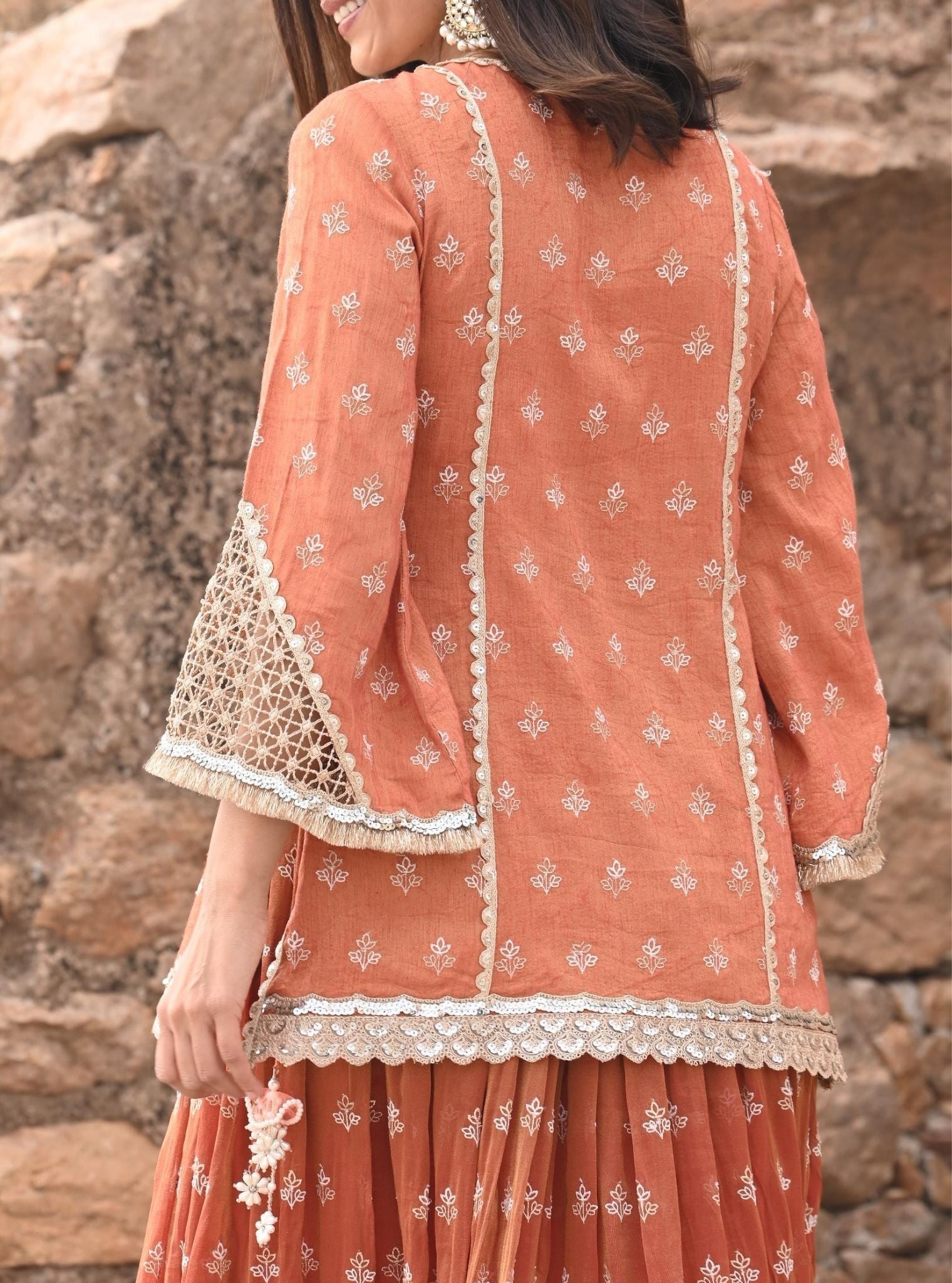 Lamhe Luxe Tissue Satin Burnt Orange Kurta with Skirt Set
