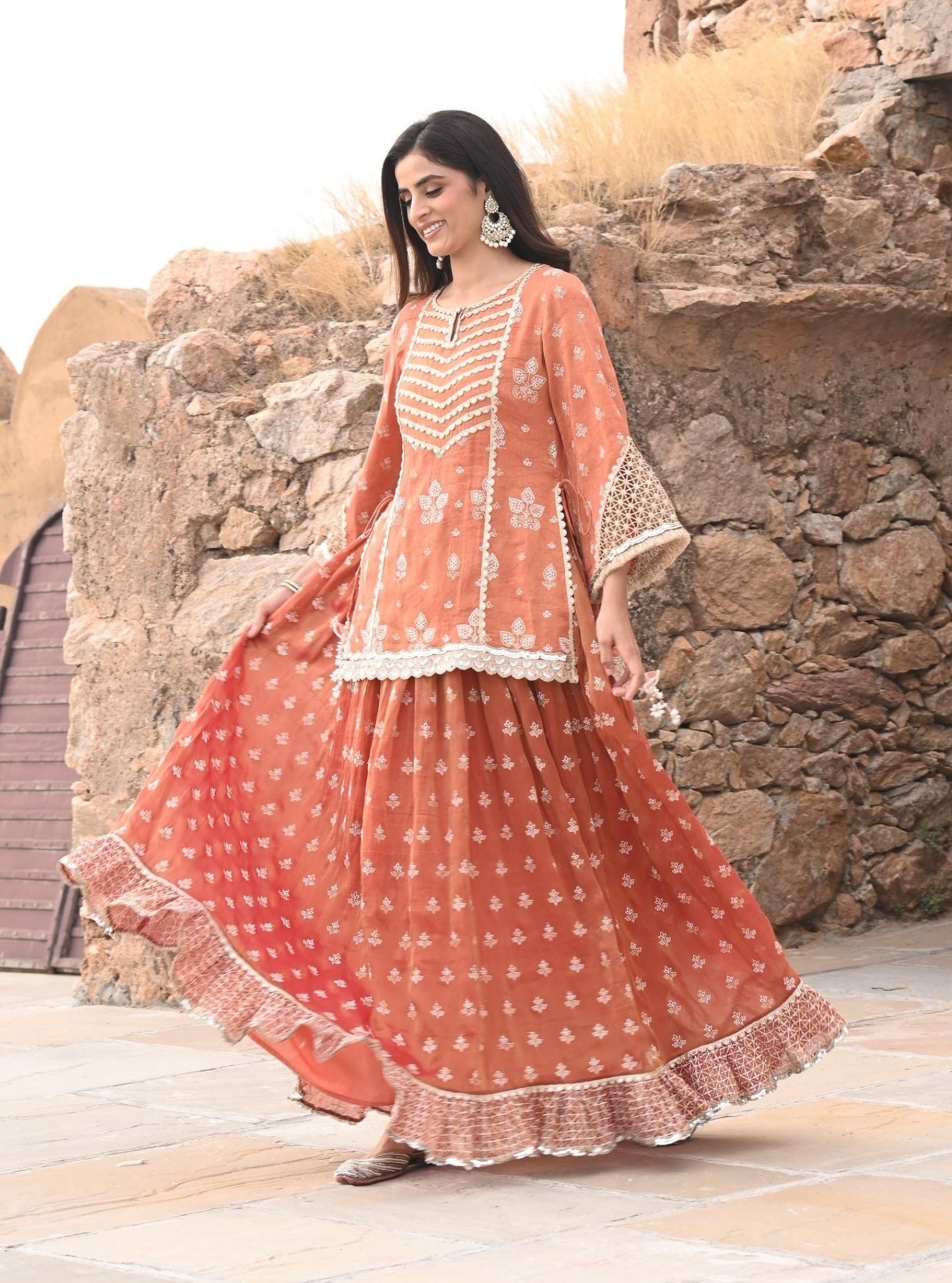 Lamhe Luxe Tissue Satin Burnt Orange Kurta with Skirt Set