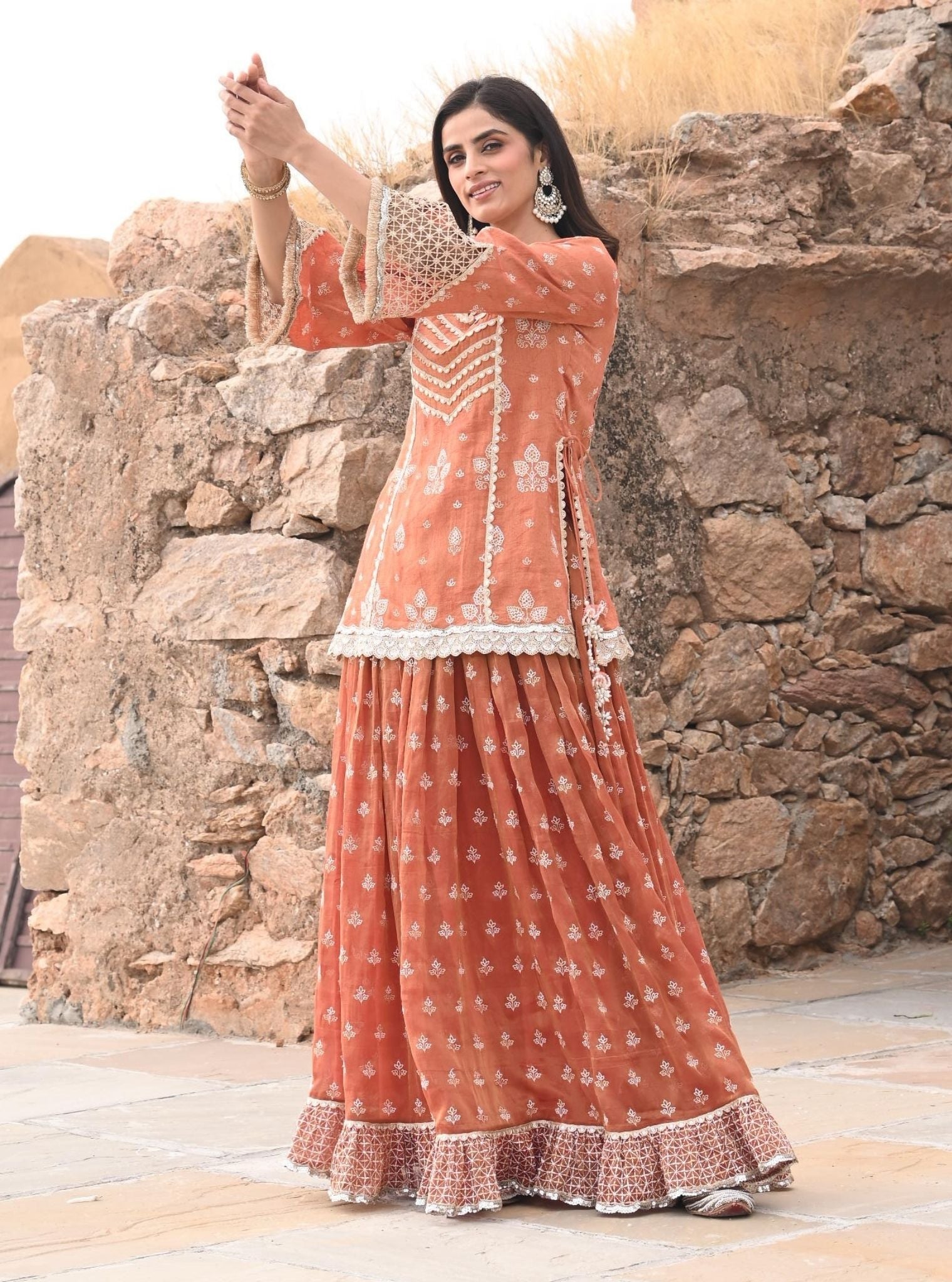 Lamhe Luxe Tissue Satin Burnt Orange Kurta with Skirt Set