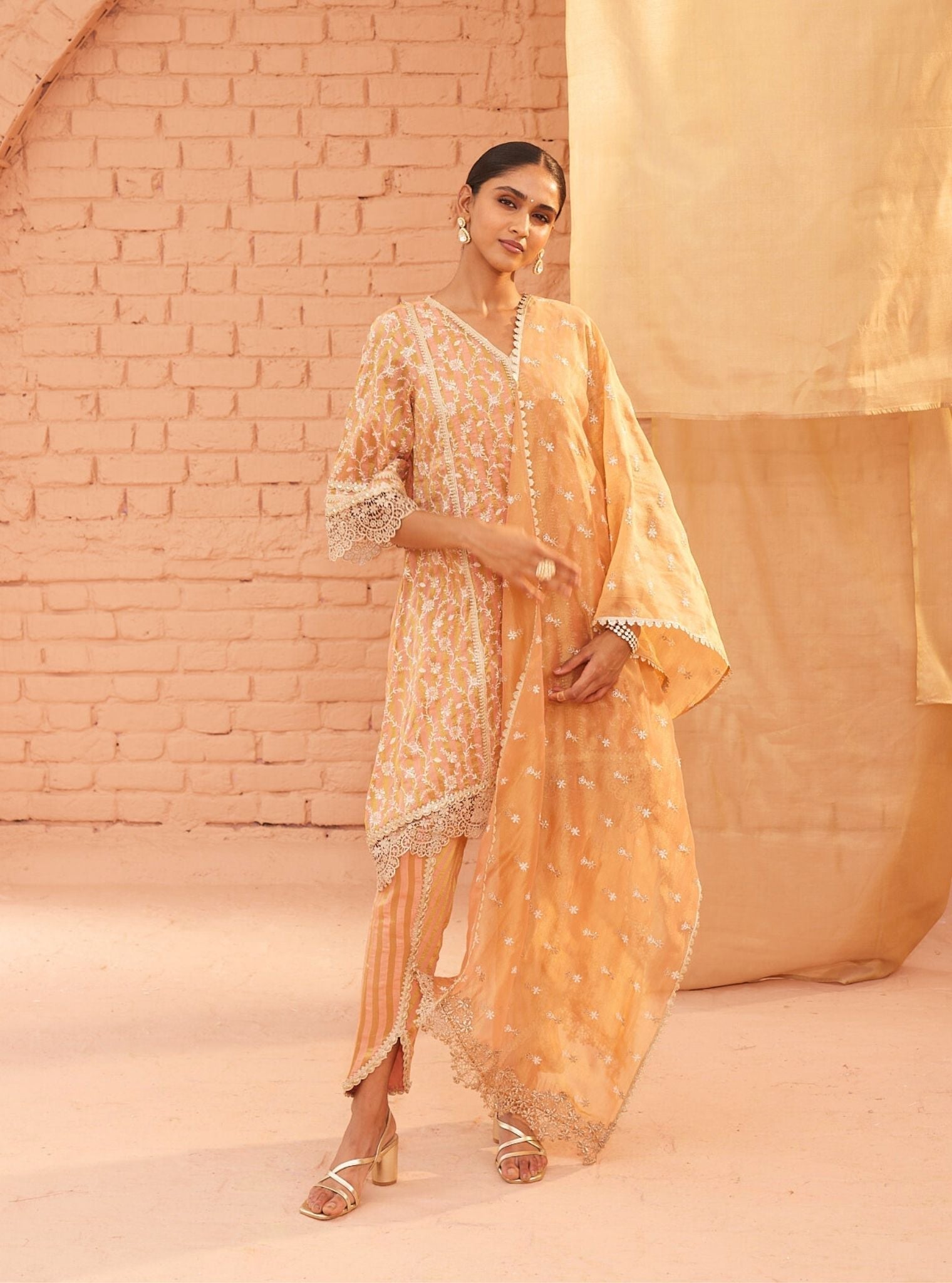 Caprina Banarsi Peach Kurta with Dhoti Pant Set