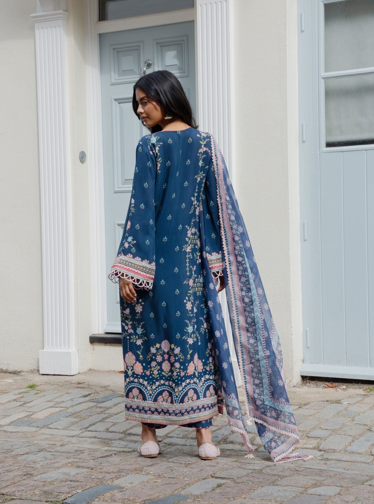 Zivra Lawn Printed Navy Kurta Set