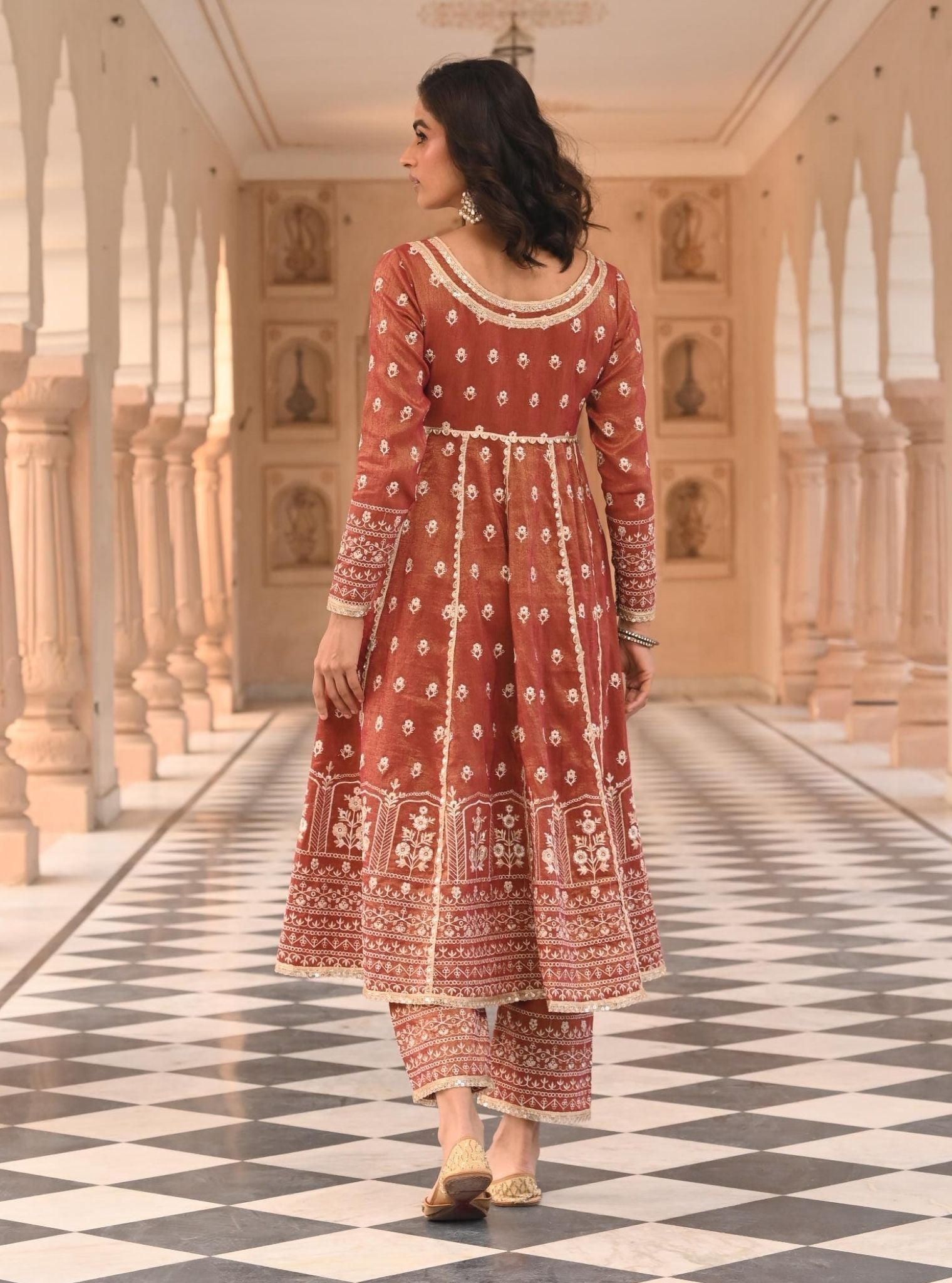 Mastani Luxe Tissue Satin Red Anarkali Kurta Set
