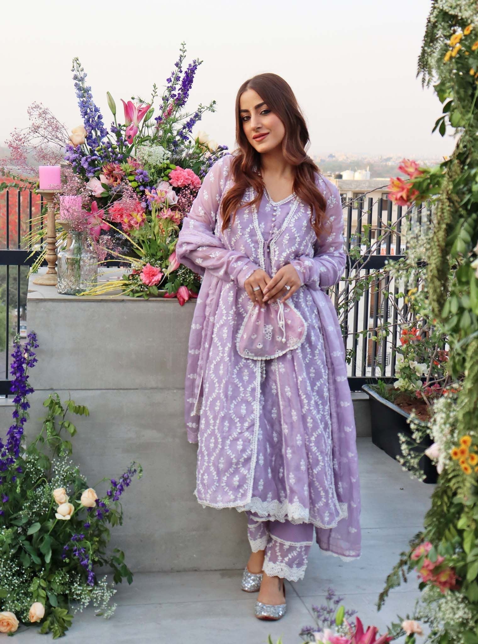 Kira Organza Lavender Anarkali Kurta Set