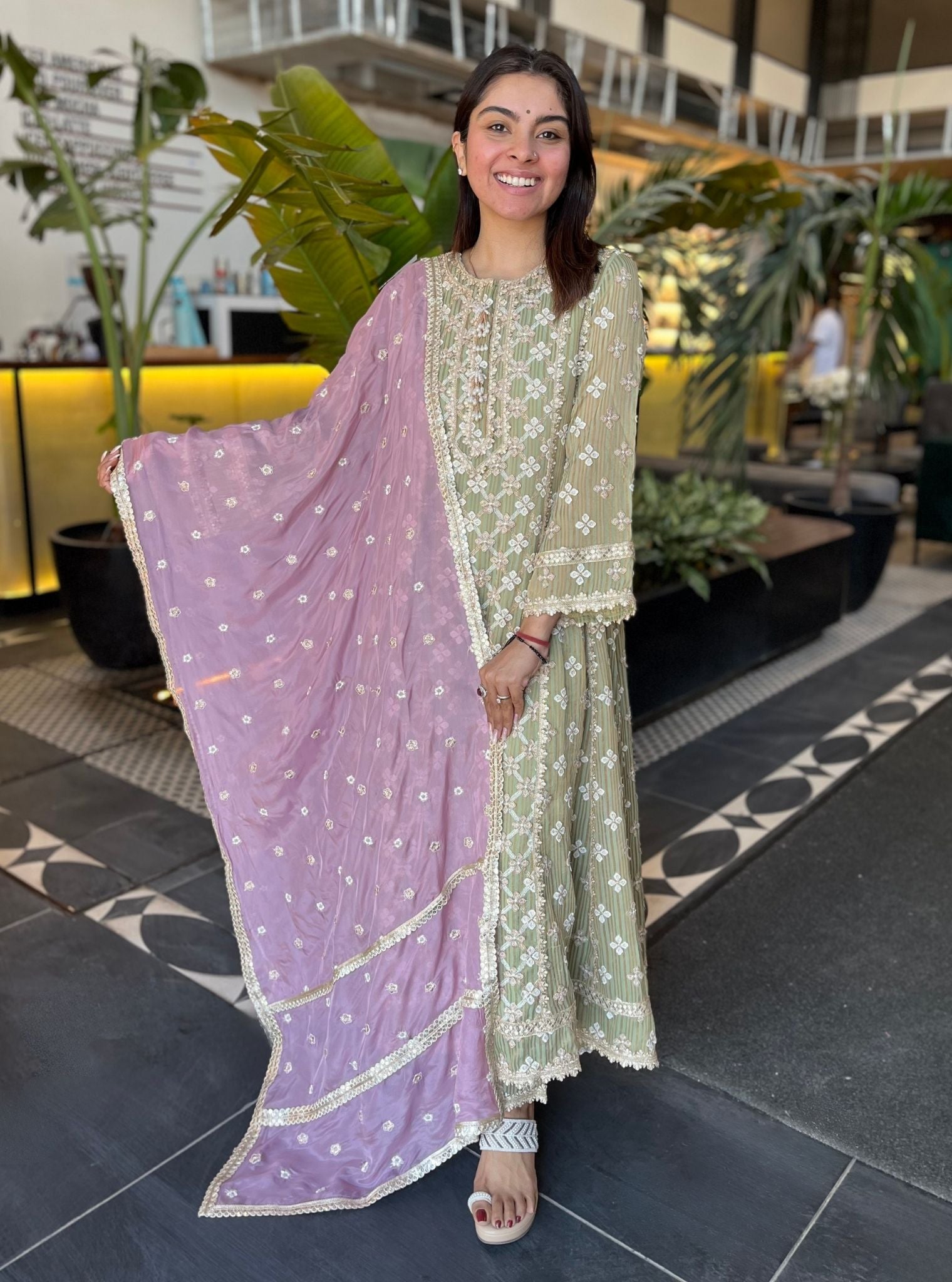 Eurielle Banarsi Green Anarkali Kurta Set