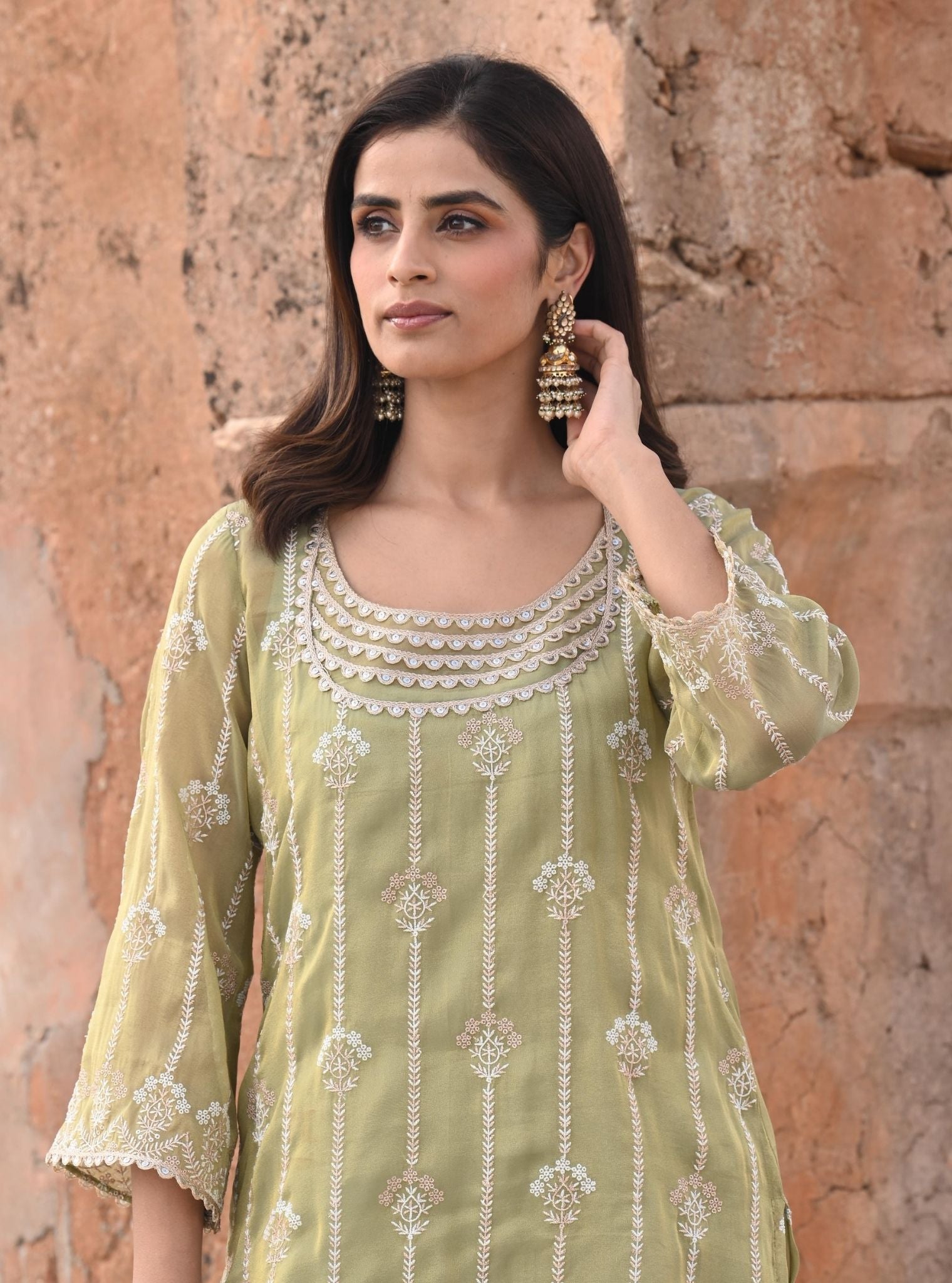 Heer Luxe Tissue Sage Green Kurta with Garara Set