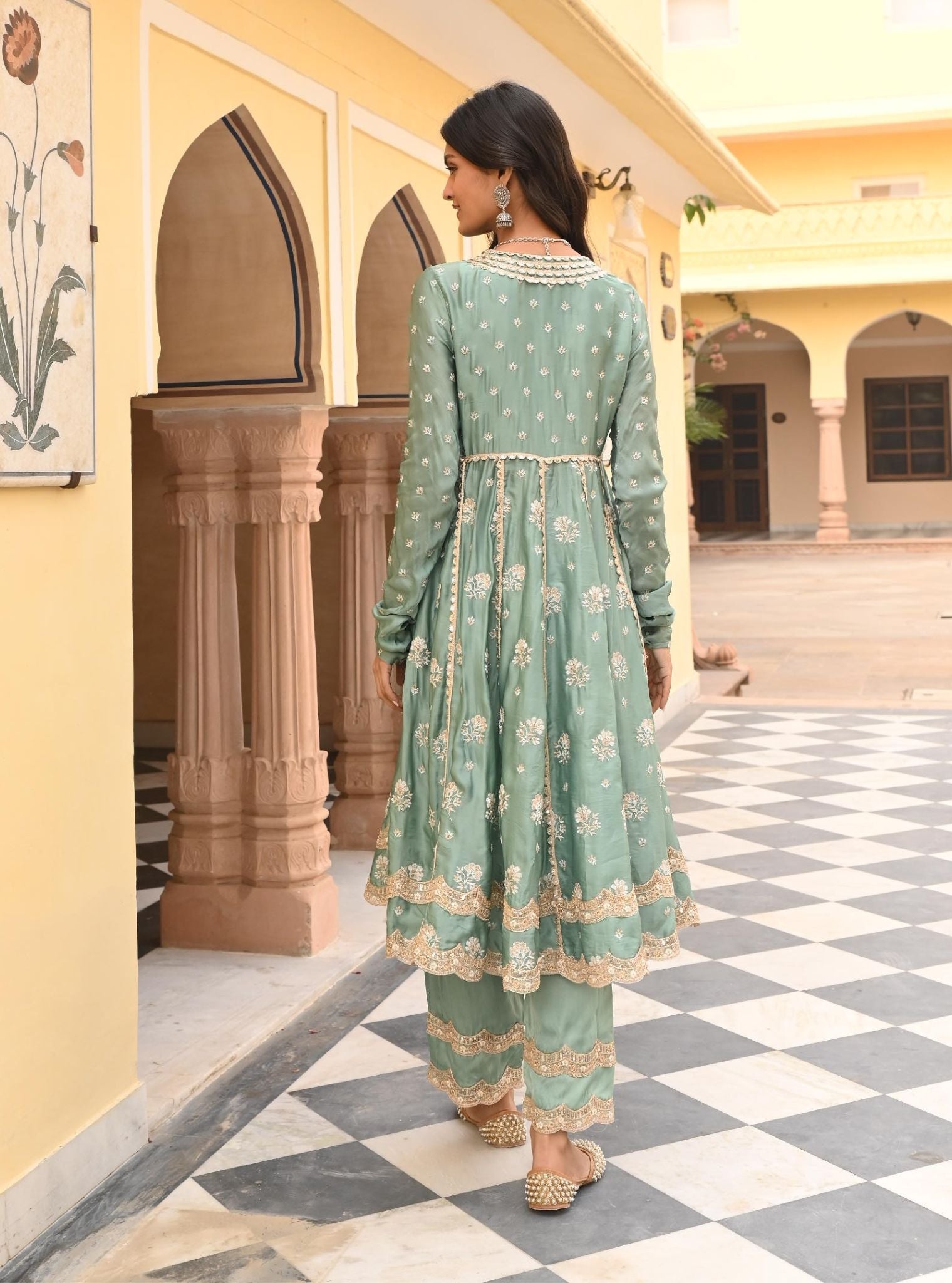 Tareefan Organza Satin Teal Blue Anarkali Kurta Set