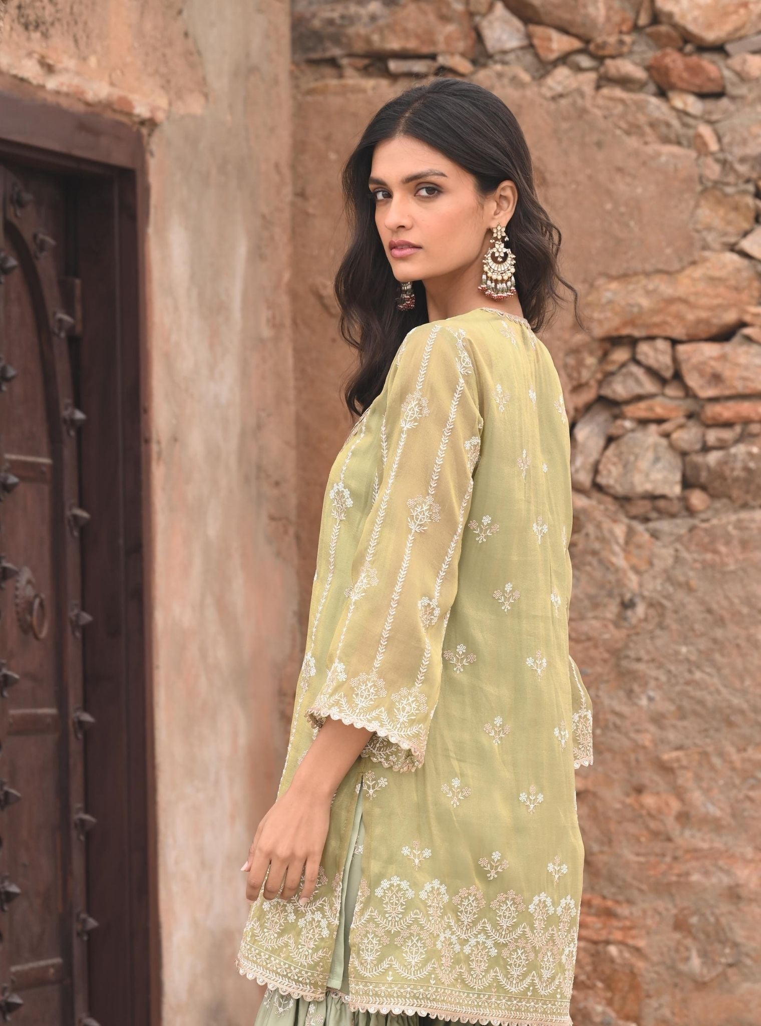 Heer Luxe Tissue Sage Green Kurta with Garara Set