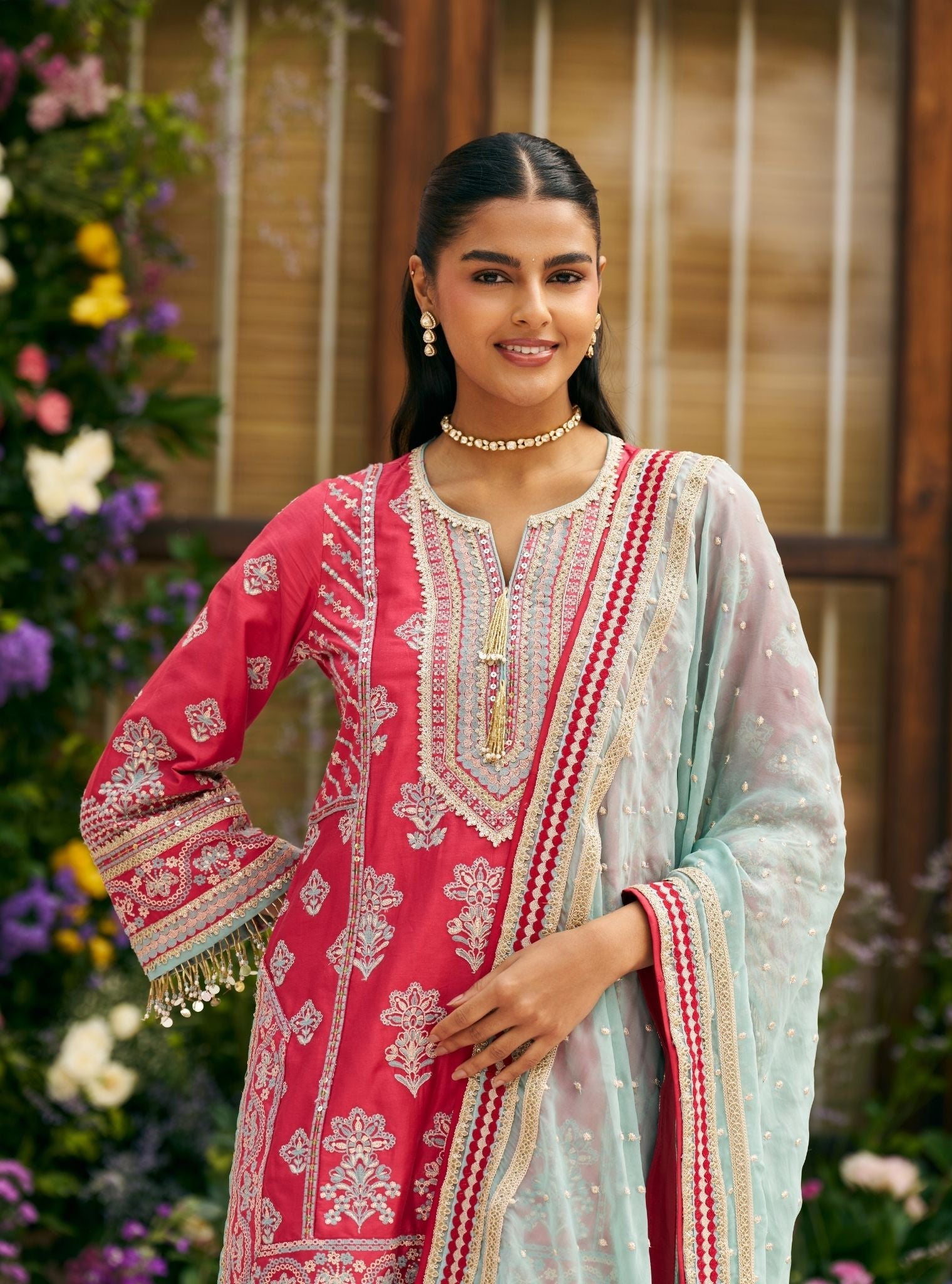 Khumari Pima Satin Red Kurta With Farshi Salwar