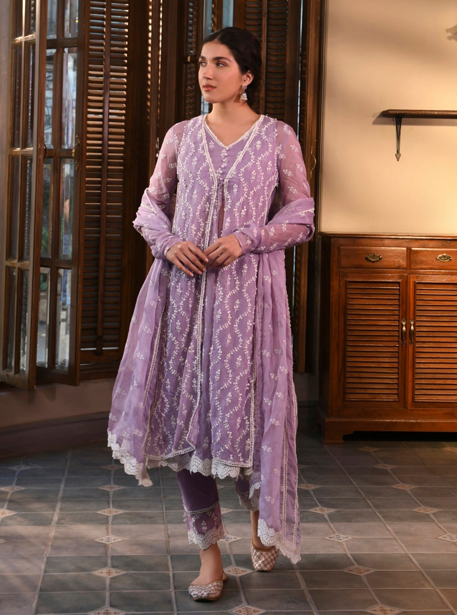 Kira Organza Lavender Anarkali Kurta Set