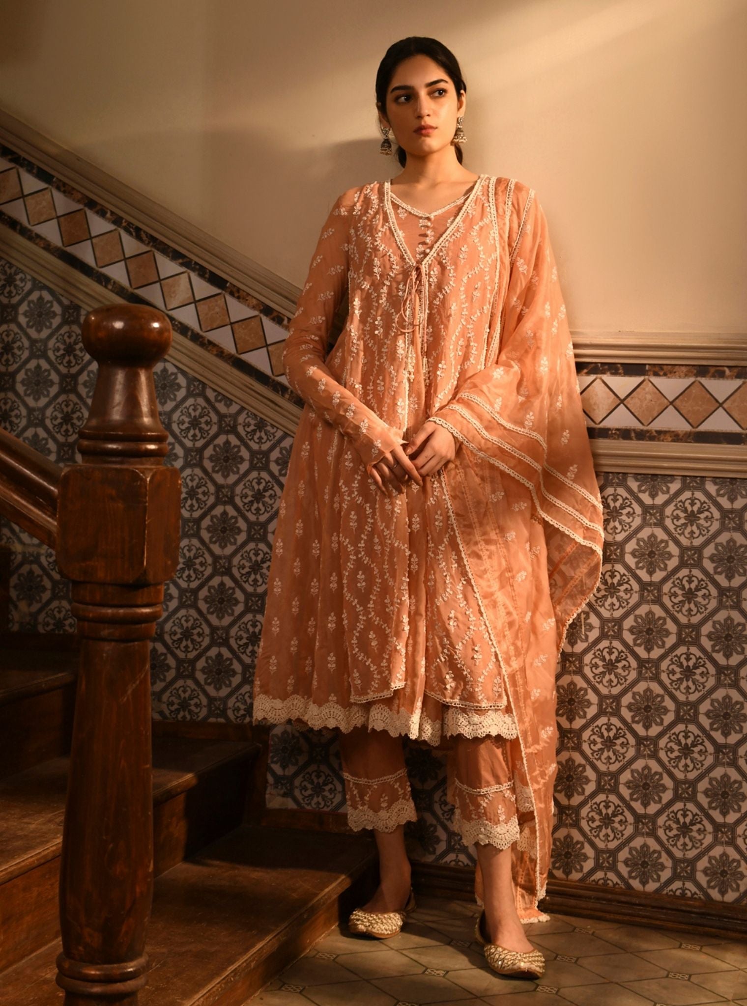 Kira Organza Peach Anarkali Kurta Set