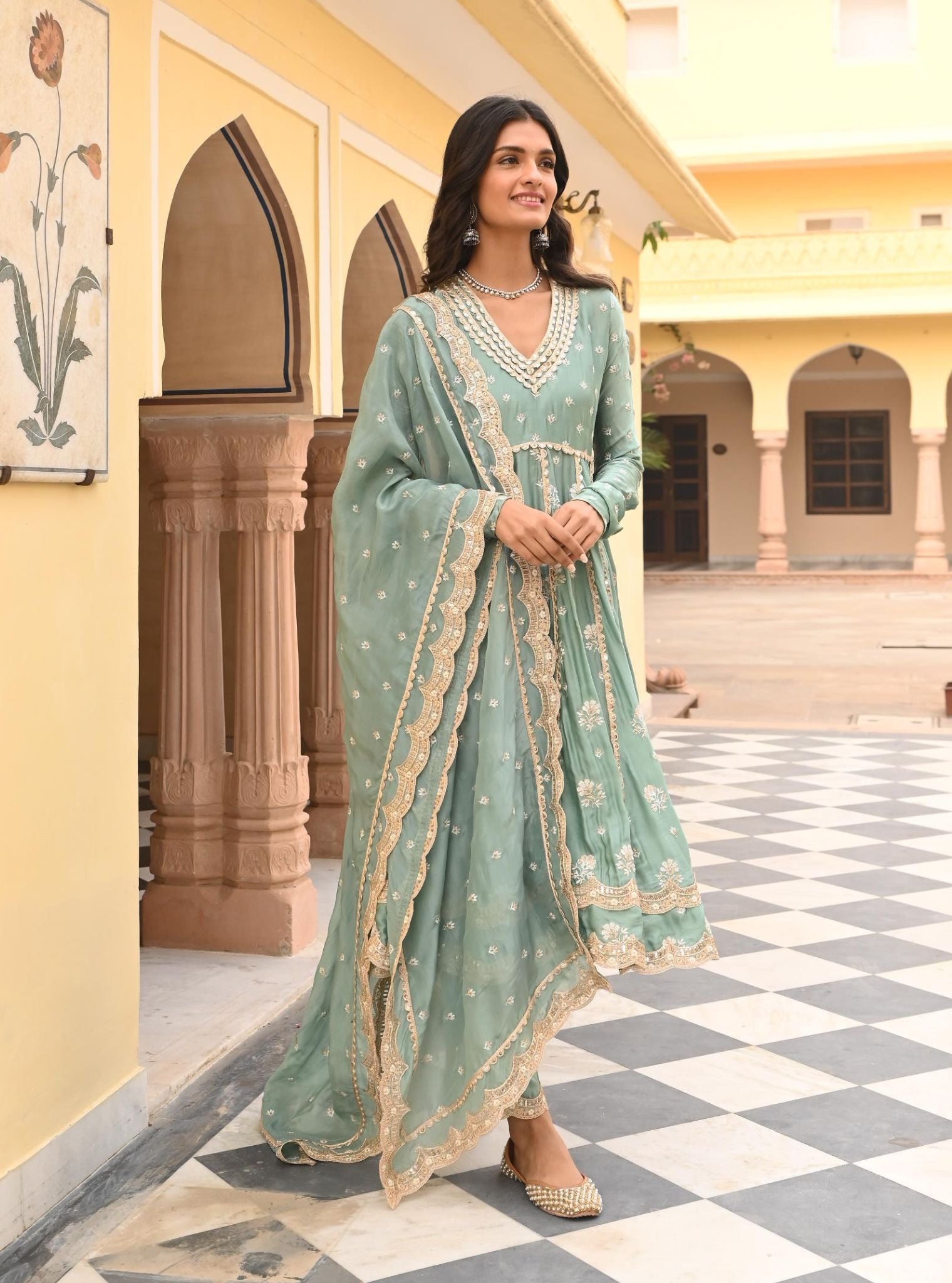 Tareefan Organza Satin Teal Blue Anarkali Kurta Set