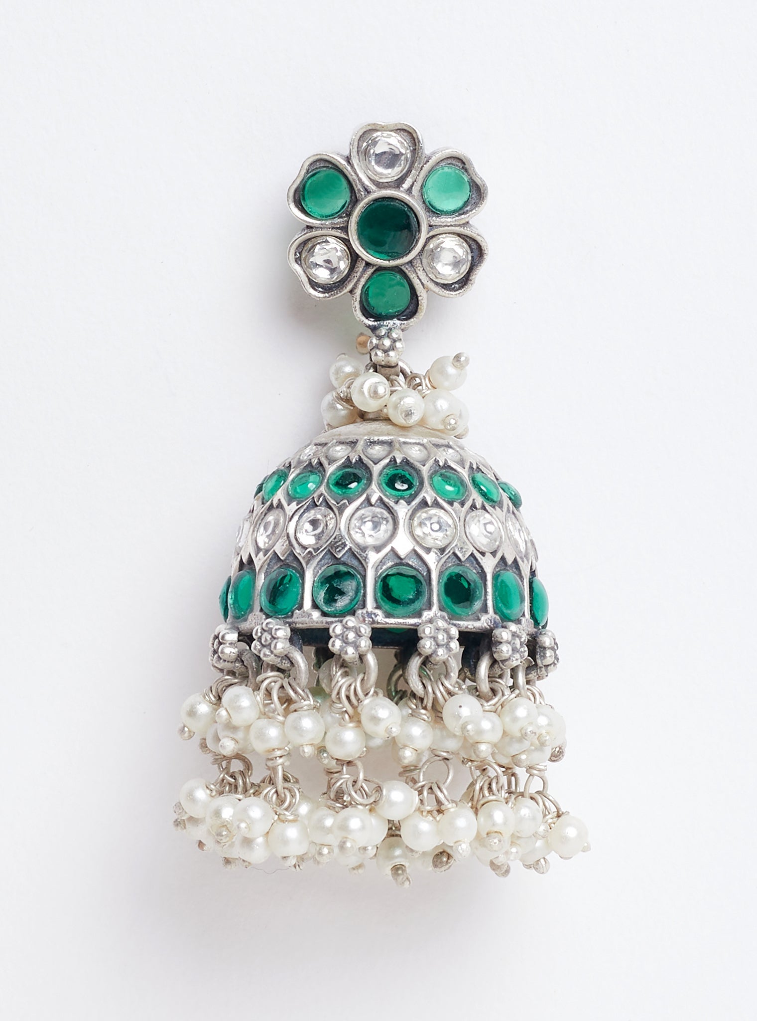 Pure Silver Dakshi Green Jhumka
