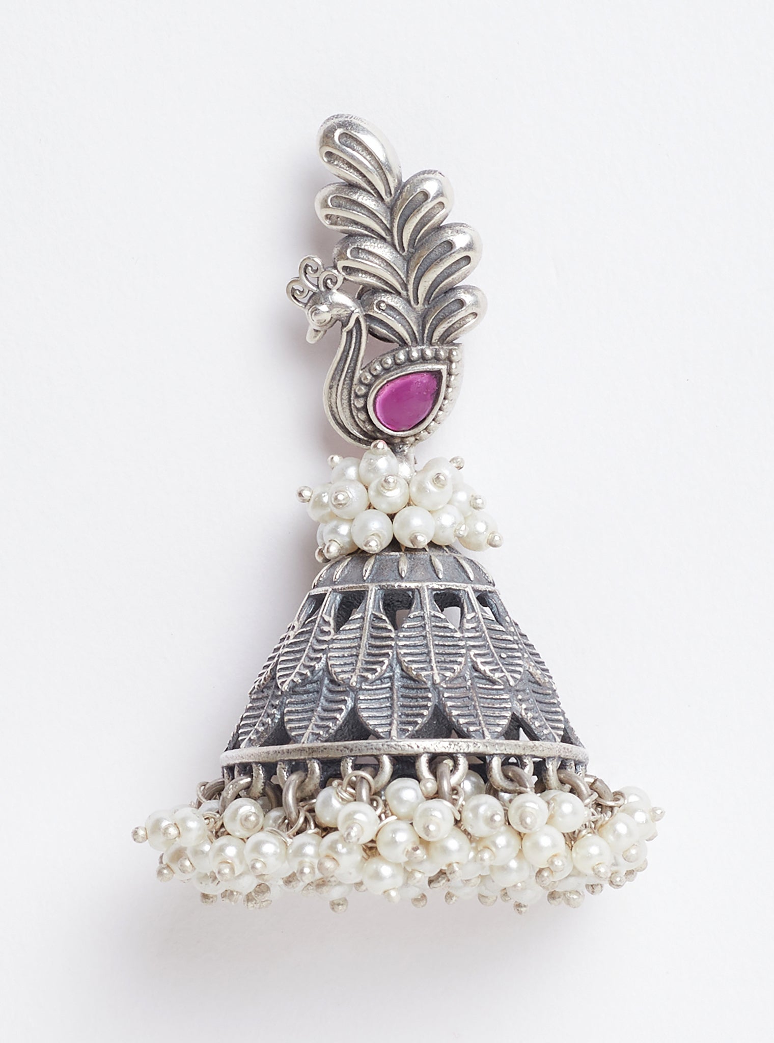 Pure Silver Peacock tribal leaf jhumka