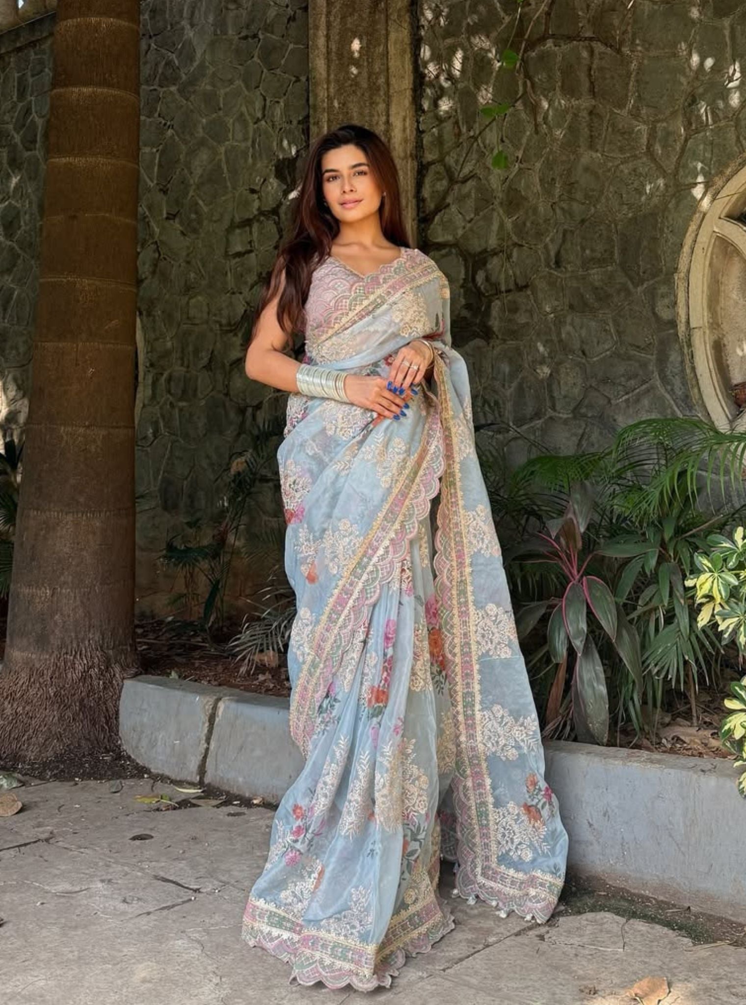Swar Organza Printed Grey Blue Saree