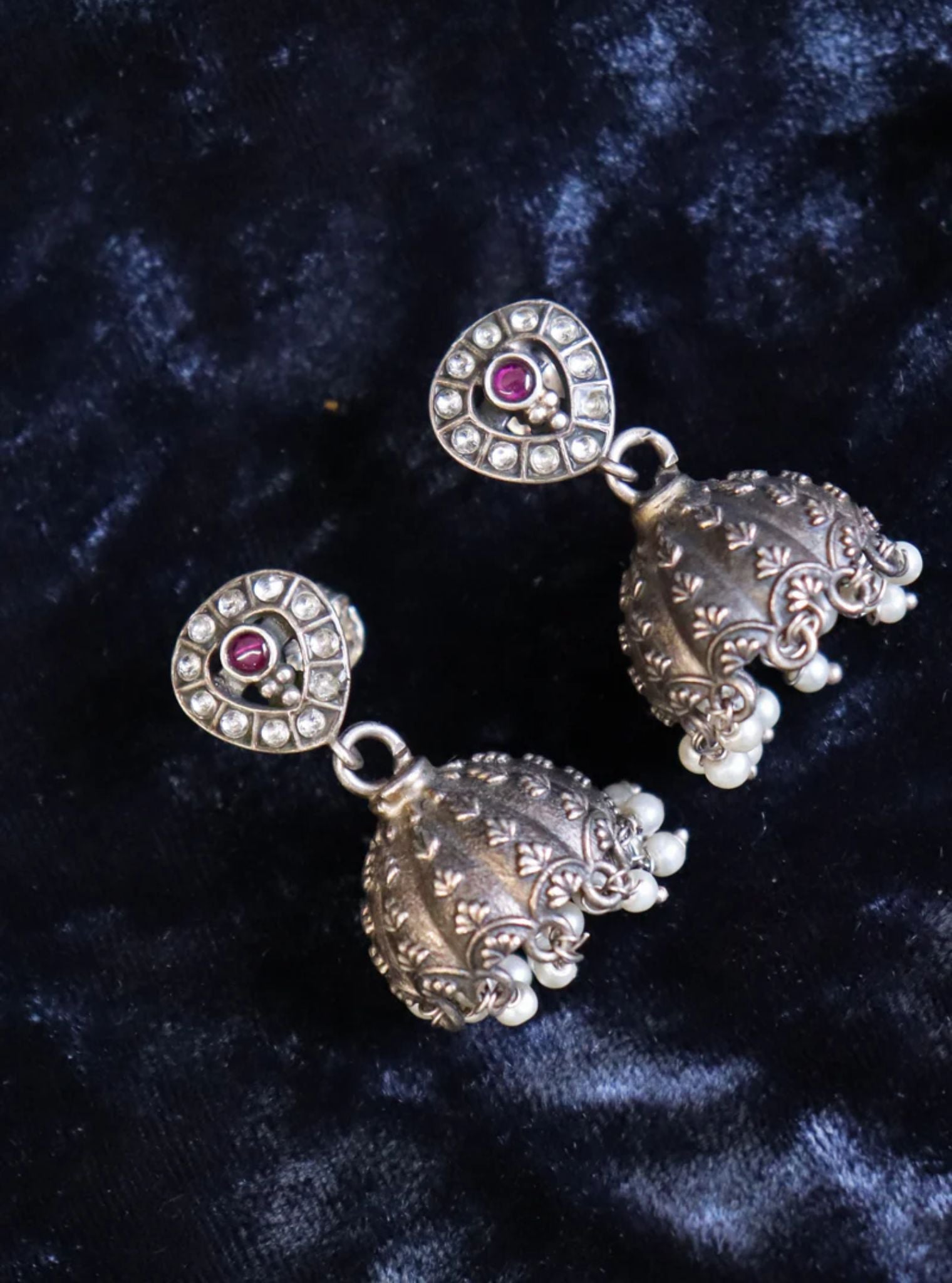 Pure Silver Pink Stone Tribal Jhumka