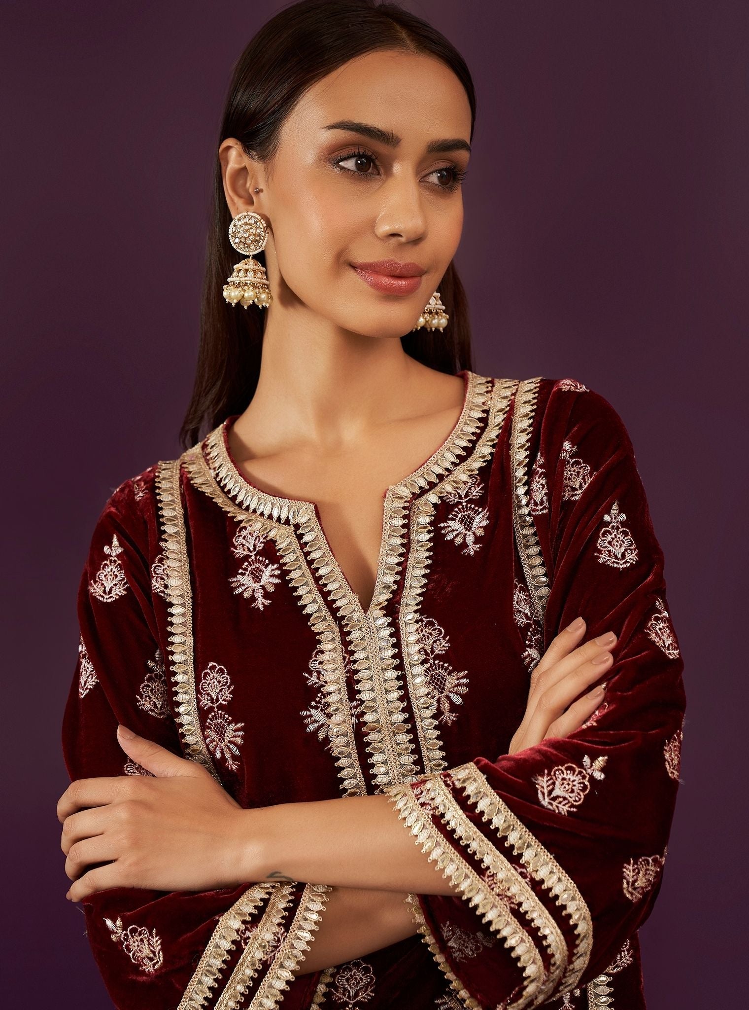 Kumani Velvet Wine Kurta Set