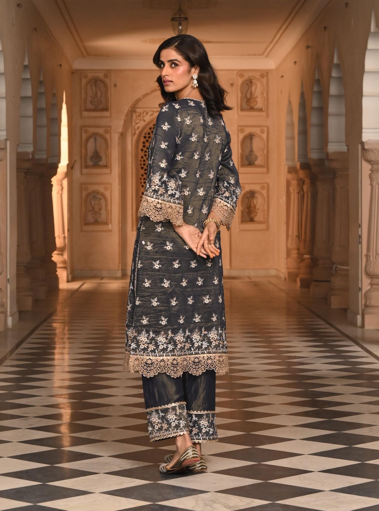 Chaleya Luxe Tissue Satin Navy Kurta Set