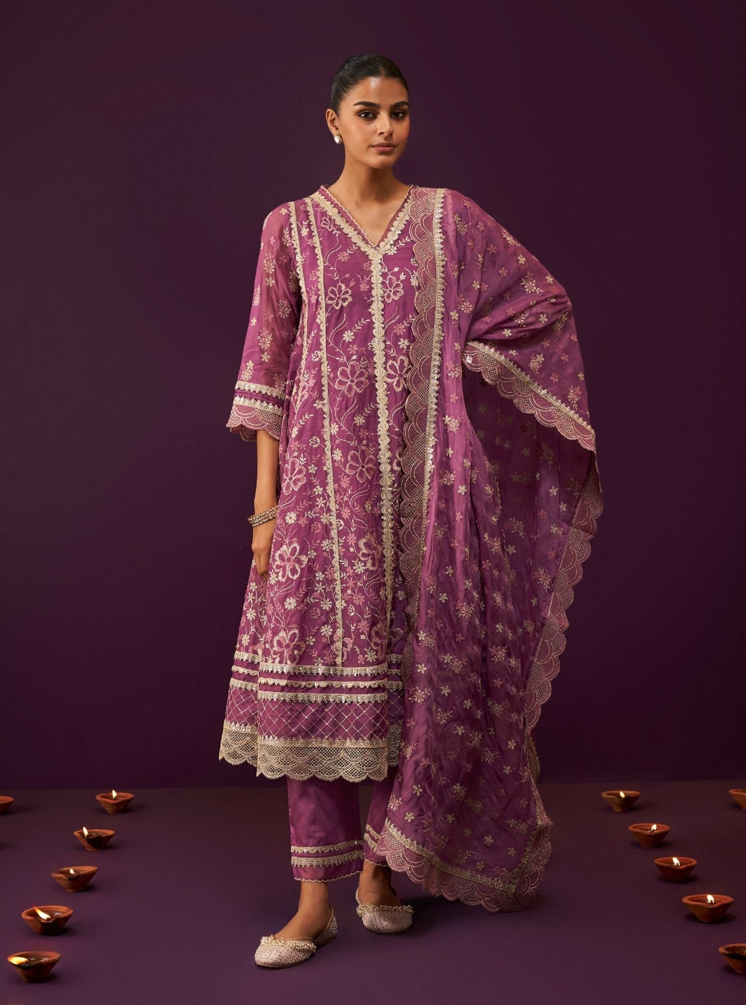 Sirikit Organza Grape Anarkali Kurta Set